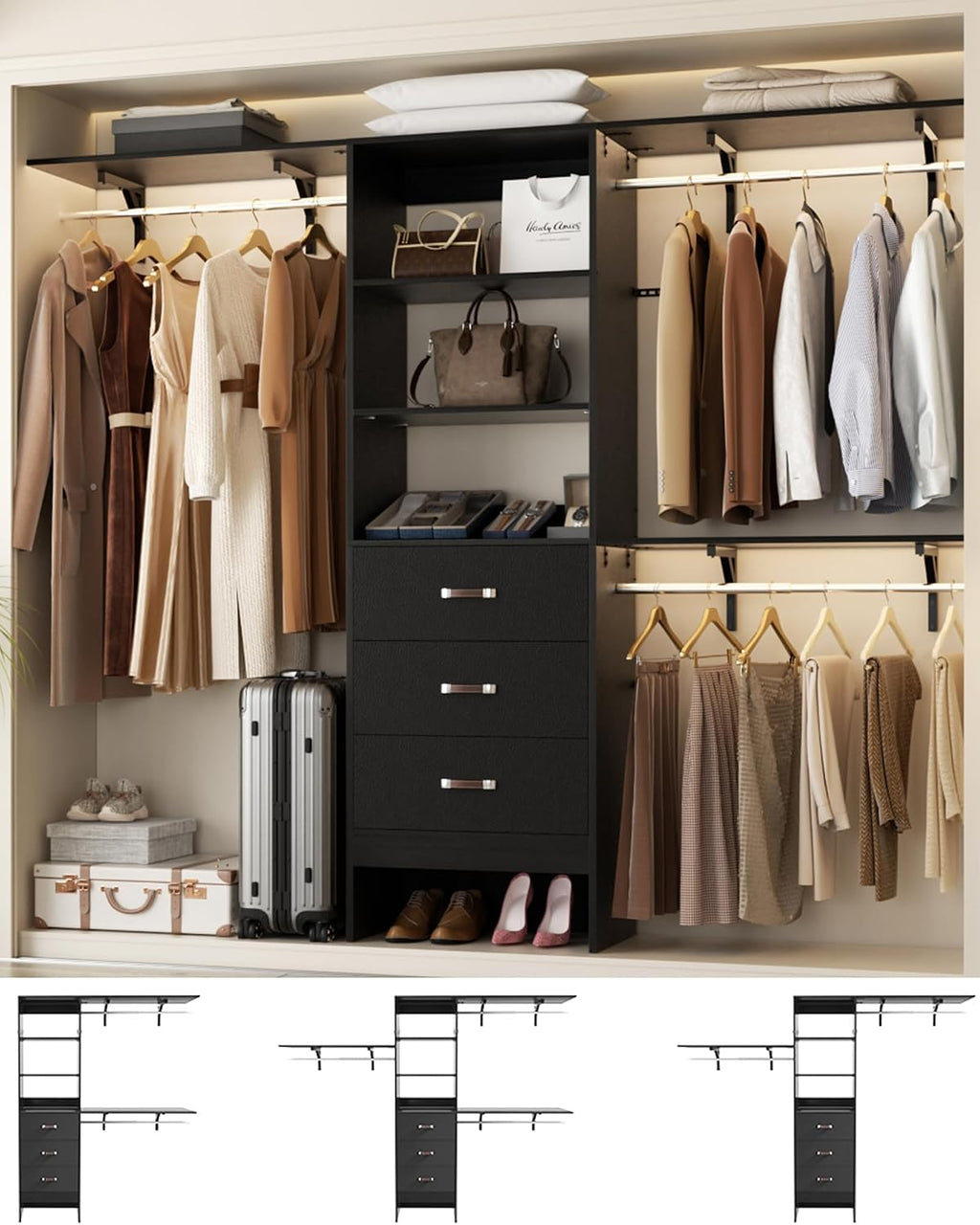 Closet System with 3 Drawers - 8FT Wood Closet Organizer with 3 Shelving Tower & Hanging Rods, 96' Walk-in Wardrobe Closet Organizer System for 4-8FT Spaces, Heavy Duty Garment Clothes Rack, Black