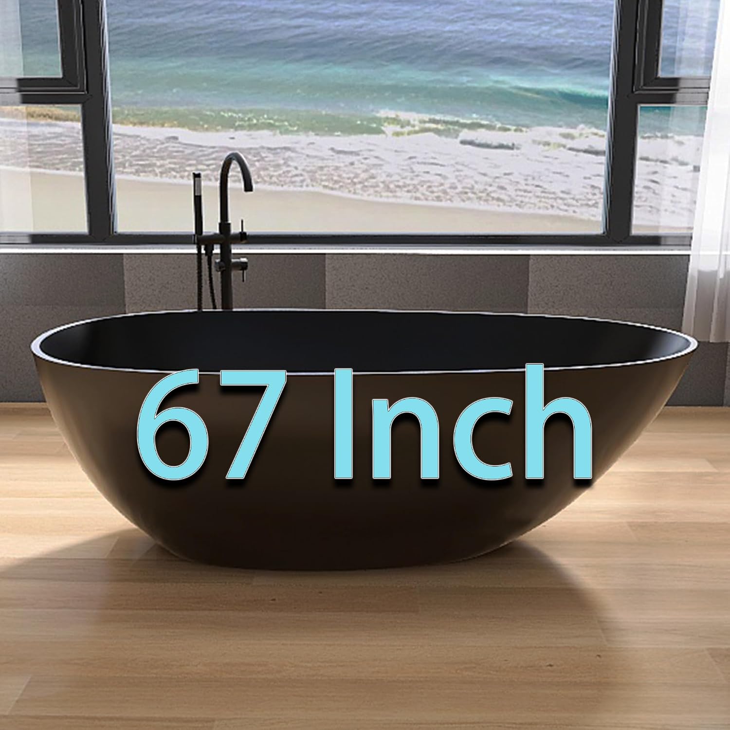 67' Freestanding Bathtub, Contemporary Soaking Bathtub, Easy to Install, Solid Surface Soaking Tub with Overflow and Pop-up Drain, Matte Black 302MB1700