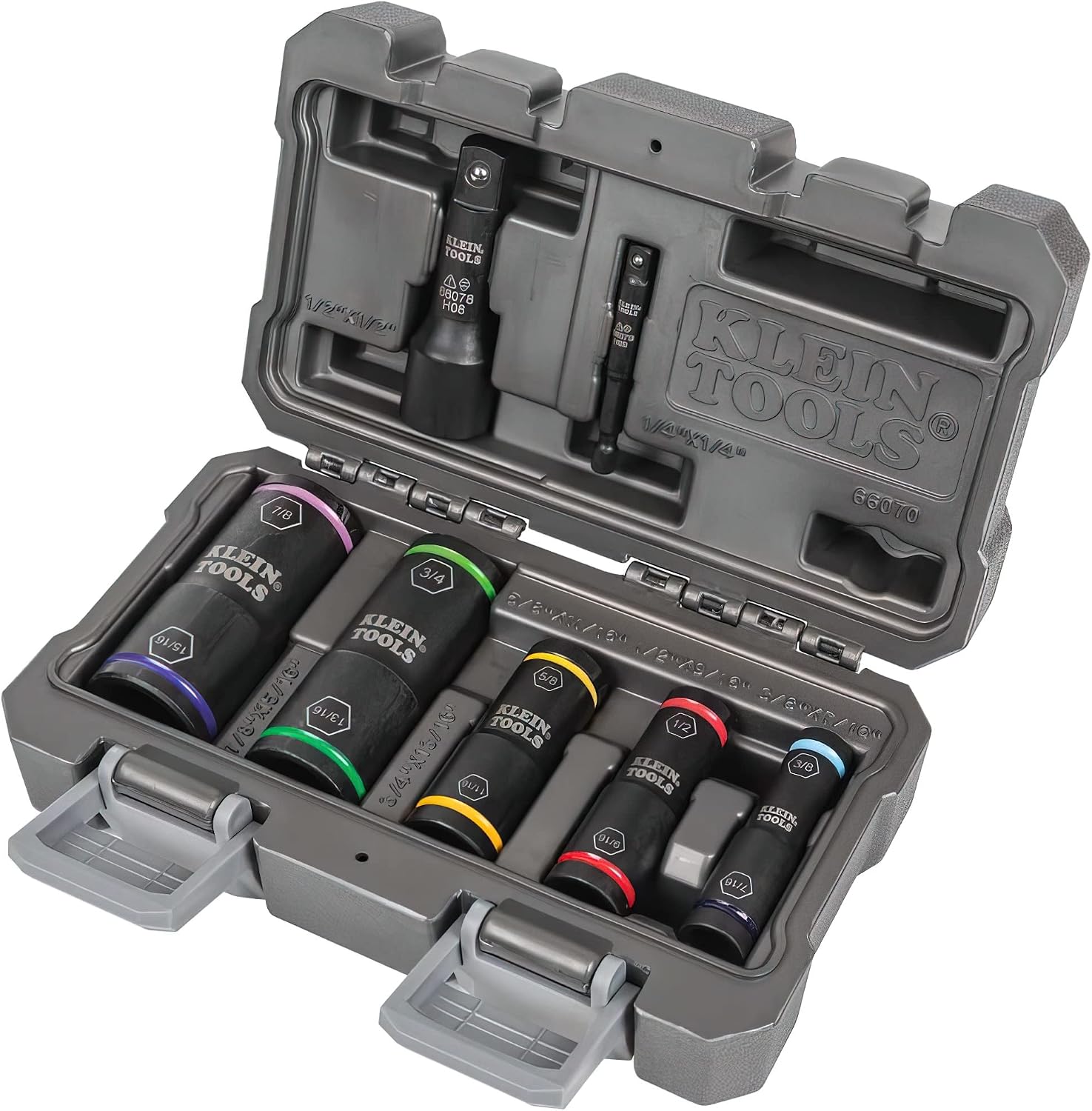 Klein Tools 66070 Impact Socket Set, Impact Driver Flip Socket, Five Sockets & 32950 Ratcheting Impact Rated Hollow Power Nut Driver Set with Handle, Magnetic