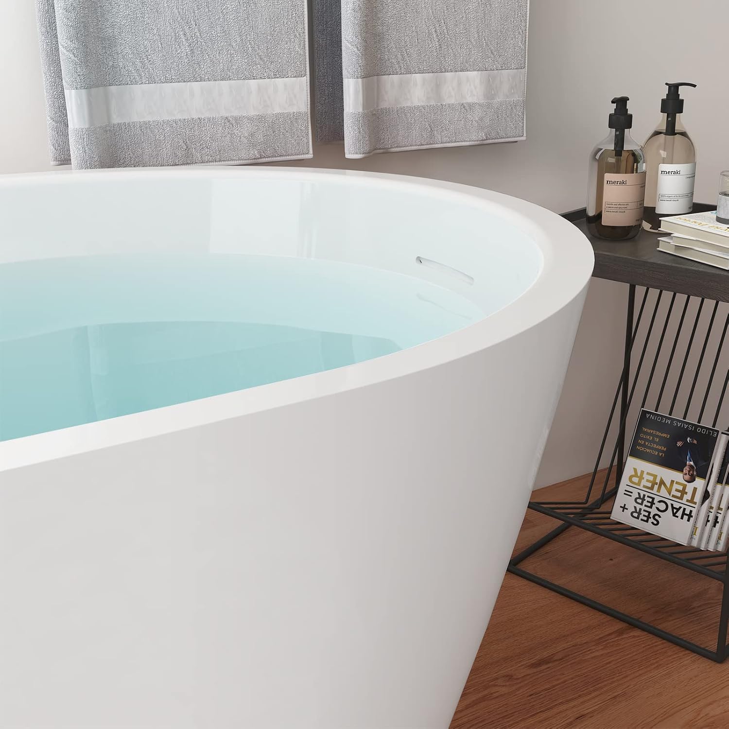 59' Acrylic Freestanding Bathtub, Elegant Skirted Free Standing Tub, Soaking Tub with Integrated Slotted Overflow, Toe-Tap Chrome Drain, cUPC Certified, Glossy White
