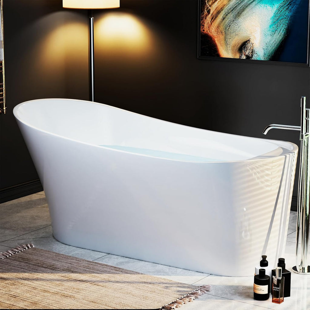 Empava Freestanding Bathtub, 67' Soaking Tub with End Drain & Overflow – Acrylic Tub, Non-Slip Flat Bottom, Glossy White, cUPC Certified