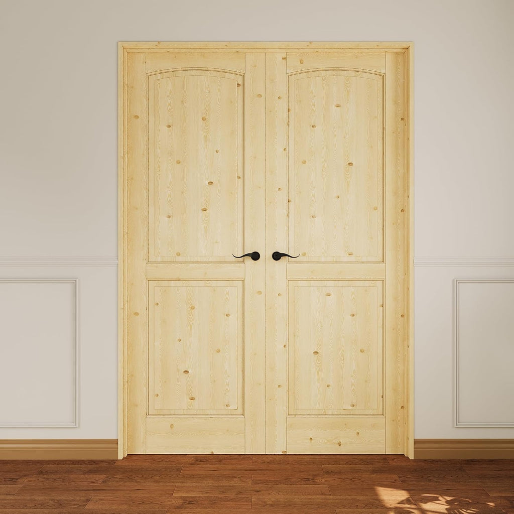 French Door 48' x 80' (Double 24' x 80') 2-Panel Arch Top Pine Wood Door Slabs with Pre-Hung Jamb, Black Hinges, Levers and Latch, Unfinished Solid Wood Doors, French Interior Doors for Room
