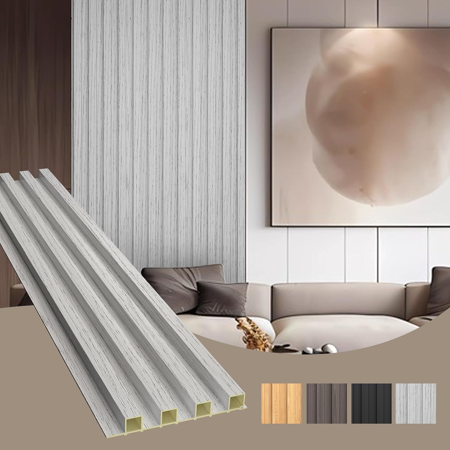OUZUGIE WPC Acoustic Slat Wall Paneling, 8-Pack 96 x 6 Inches 3D Wall Panels for Interior Wall Decor,Living Room,TV Background,Study Room,Office Spaces,Bedroom,High Grille (Grey)