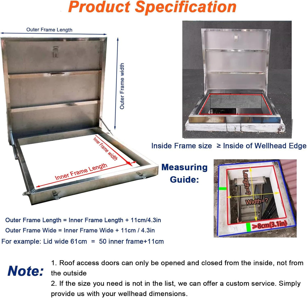 WDJBPSH 304 Stainless Steel Rooftop Access Hatch, 50 60 70 80 90 cm Leakproof Roof Exit Lid with Lift Supports & Door Latch, Silver Weatherproof Skylight Cover(LxW-70x80cm/27.6x31.5in)