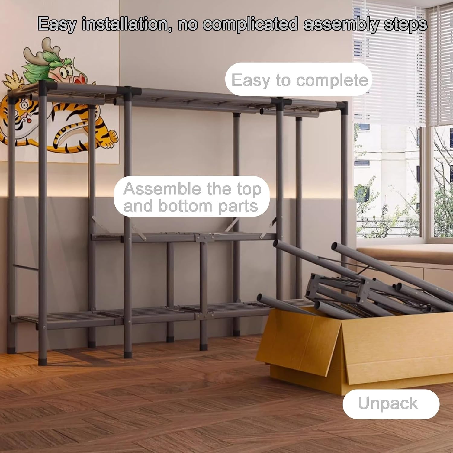 67' H Portable Wardrobe Closet Storage Organizer for Bedroom, Armoire Foldable, Steel Hanging Rack with Cover(110cm/43.3in)