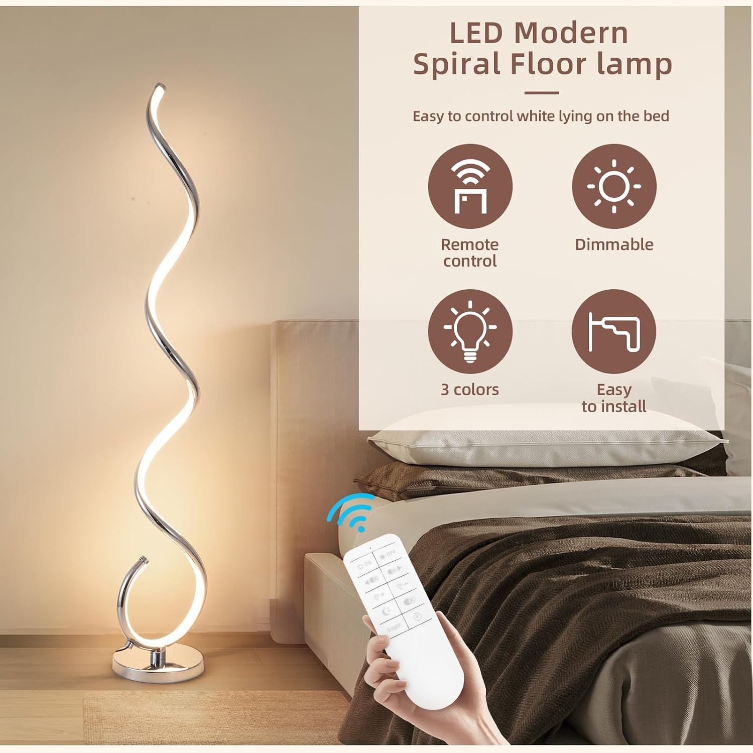 EIDISUNY Modern Floor Lamp for Living Room, 3 Color Temperature LED Spiral Floor Lamps with Remote&Foot Switch, 48W Dimmable LED Standing Lamp for Bedroom, Office