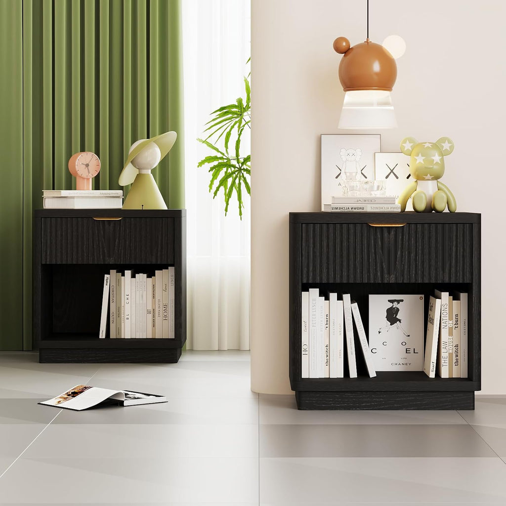 Fluted Night Stand Set of 2 with Charging Station, Wood Bedside Tables with Drawer & Open Shelf, Modern Matching Pair for Bedroom & Living Room, Black