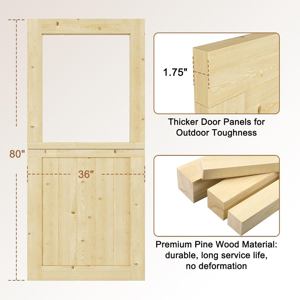 Exterior Dutch Door Slab, 36' x 80', Universal Tempered Clear Glass Split Single Doors, Solid Core Home Door, Natural Pine Wood - with 4 Black Hinges & 1 Latch, Without Jamb