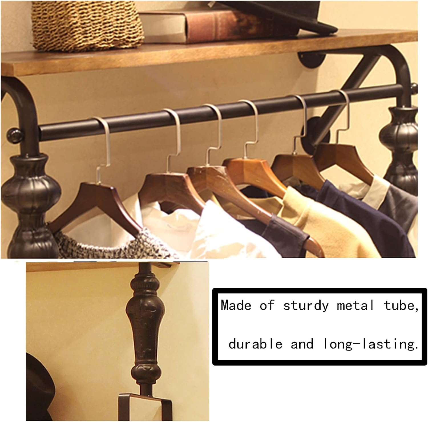 3 Section Garment Rack,Floating Industrial Pipe Garment Rack,Wall Mounted Coat Hanger,Retail Display Garment Rack with Wooden Shelf,Heavy Duty Organizer,STU(2-tiers-120CM