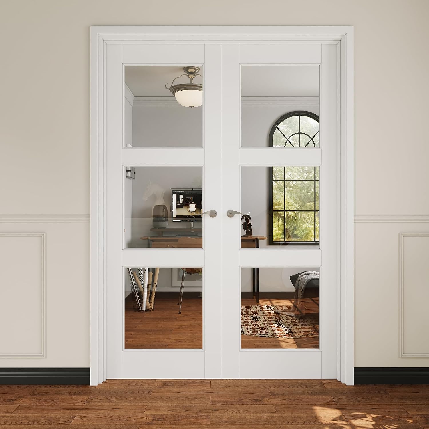French Door 36' x 80' (Double 18' x 80') 3-Lite Clear Glass Door Slabs with Pre-Hung Jamb, Silver Hinges, Levers and Latch, White Primed, French Interior Doors with Frame, Swing Double Bedroom Doors