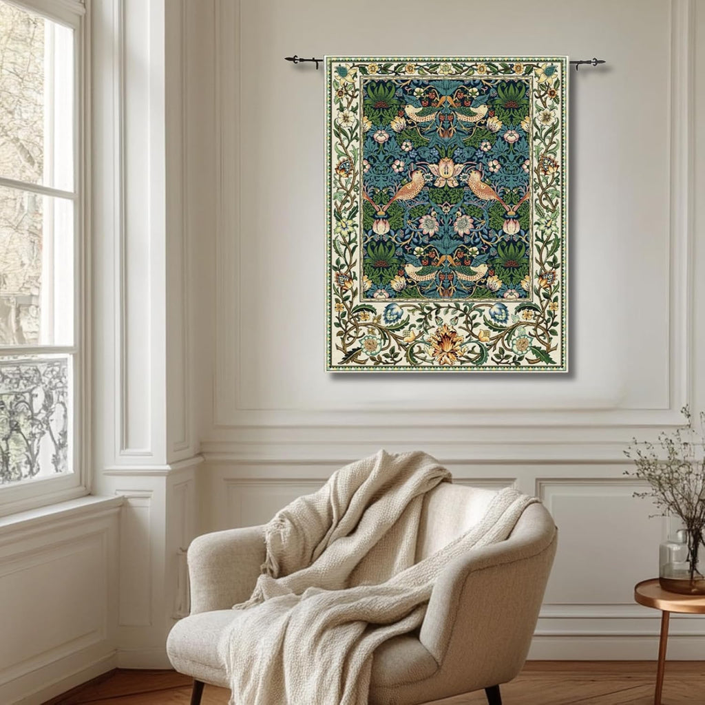 ORIMONY William Morris Strawberry Thief Tapestry - Vintage Floral Bird Art, Medieval Jacquard Woven Tapestry Wall Hanging for Living Room & Bedroom Size 27'x35' (Royal Blue)