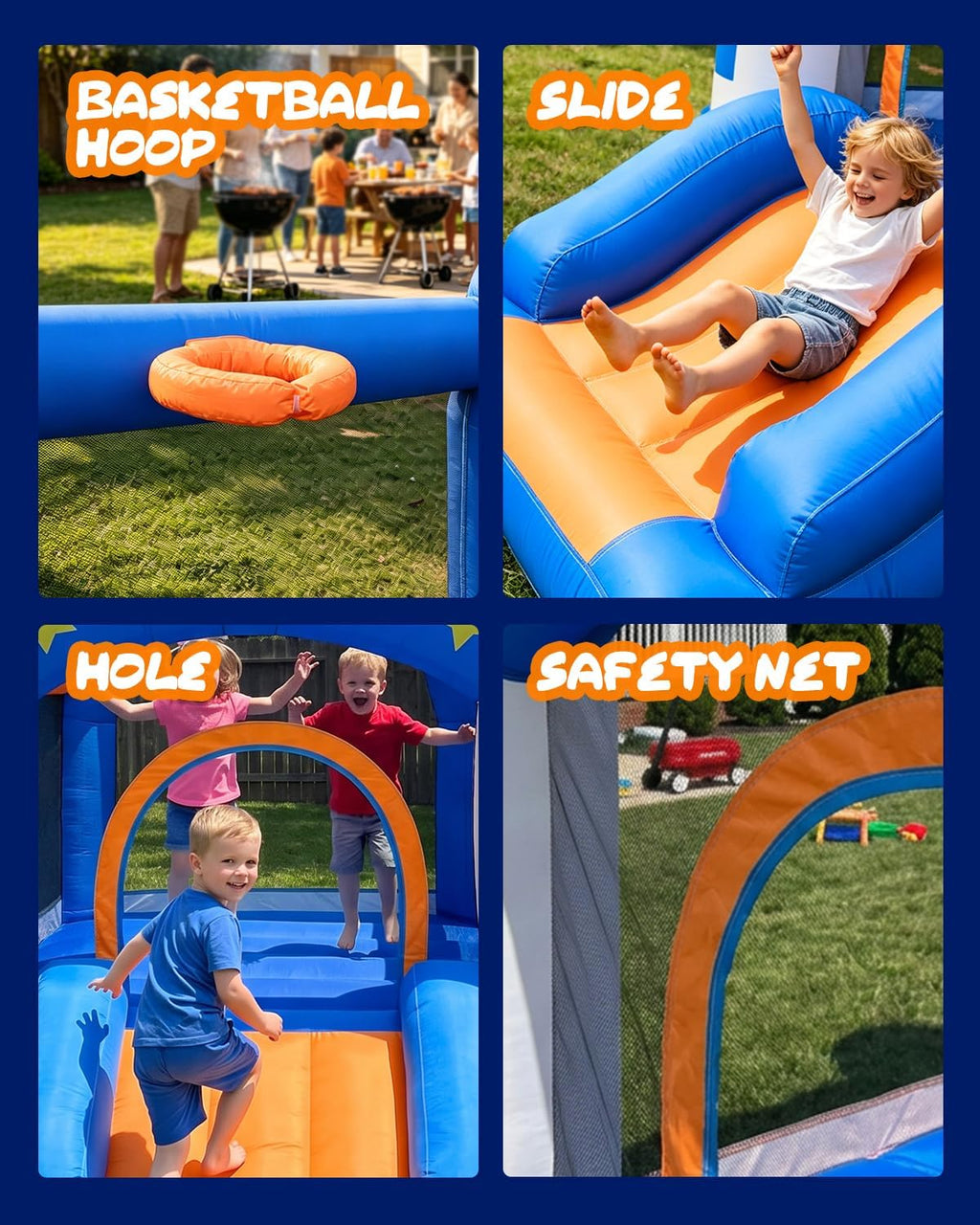 Bounce House, Kid Inflatable Bounce House with Slide, Space Rocket Themed Bouncy Castle for Kids 3-6, 370W for Indoor & Outdoor Play, Backyard Birthday Party with Basketball Hoop