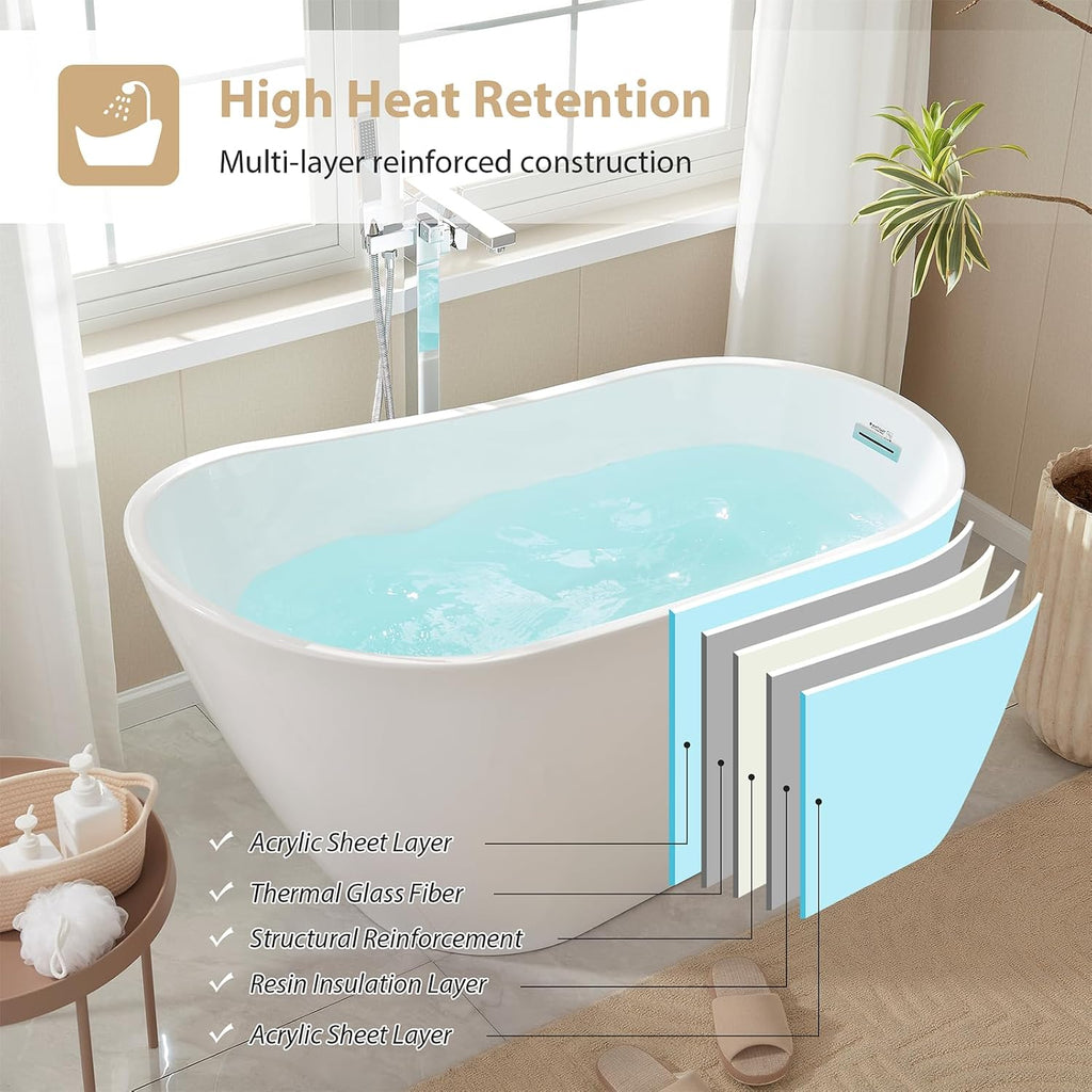 Vanity Art 67 x 31 Inches Freestanding Bathtub White Acrylic Bathtub Modern Stand Alone Soaker Tub with UPC Certified Slotted Overflow and Pop-up Drain for Two Person Bathing