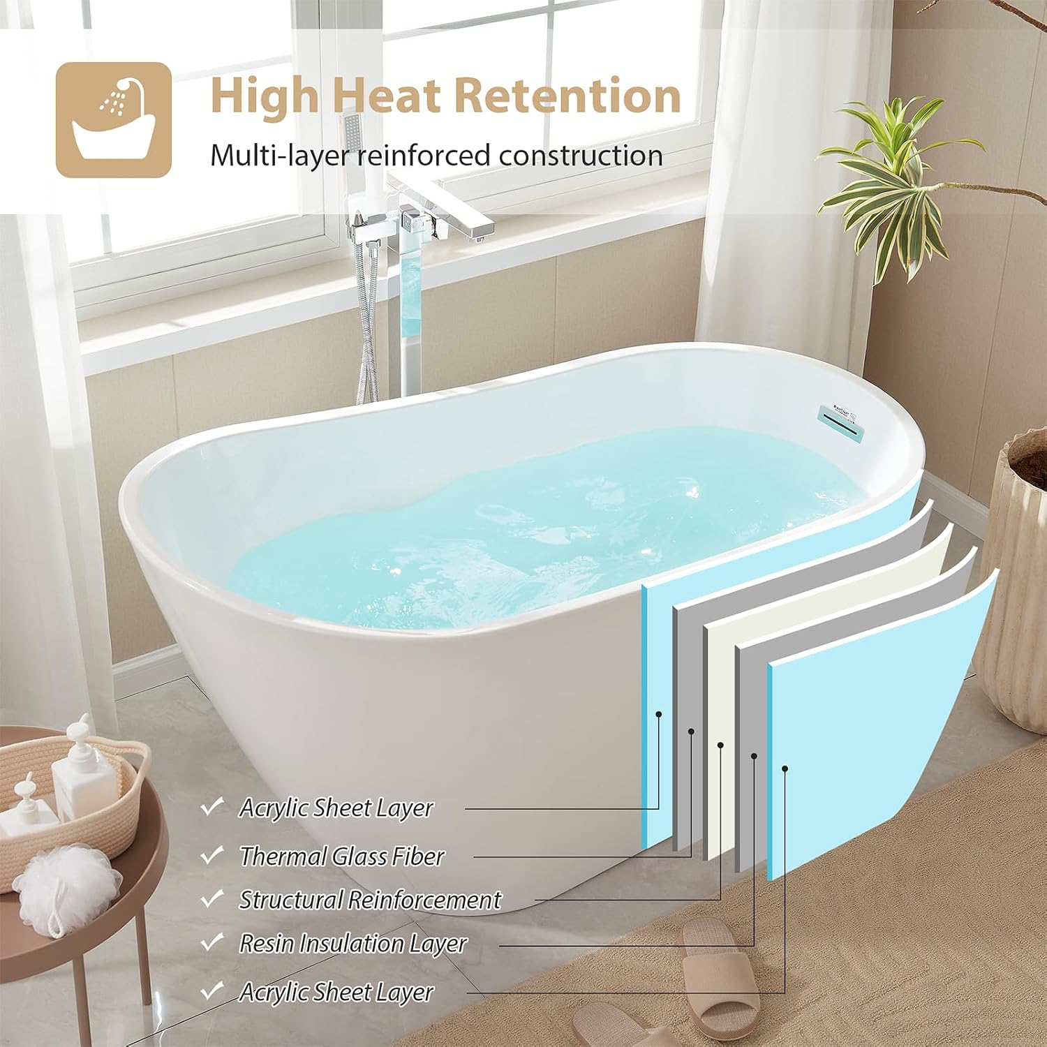Vanity Art 67 x 31 Inches Freestanding Bathtub White Acrylic Bathtub Modern Stand Alone Soaker Tub with UPC Certified Slotted Overflow and Pop-up Drain for Two Person Bathing