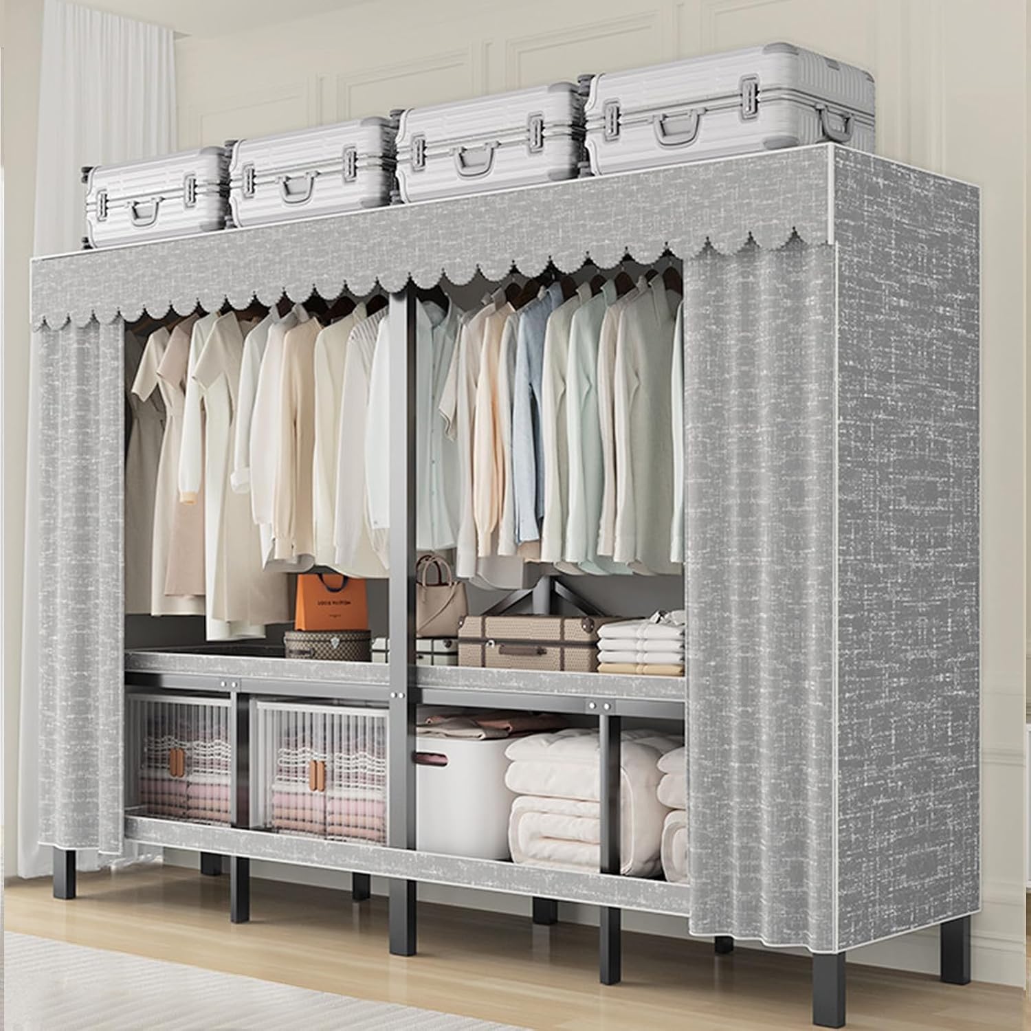Heavy Duty Metal Clothes Rack With Cover 1200lbs Foldable Portable Wardrobe Closet Closed Corner Walk-in Closet Bedroom Wardrobe Clothes Organizer With 2 Hanging Rod For Hanging Clothes(168cm/66in)
