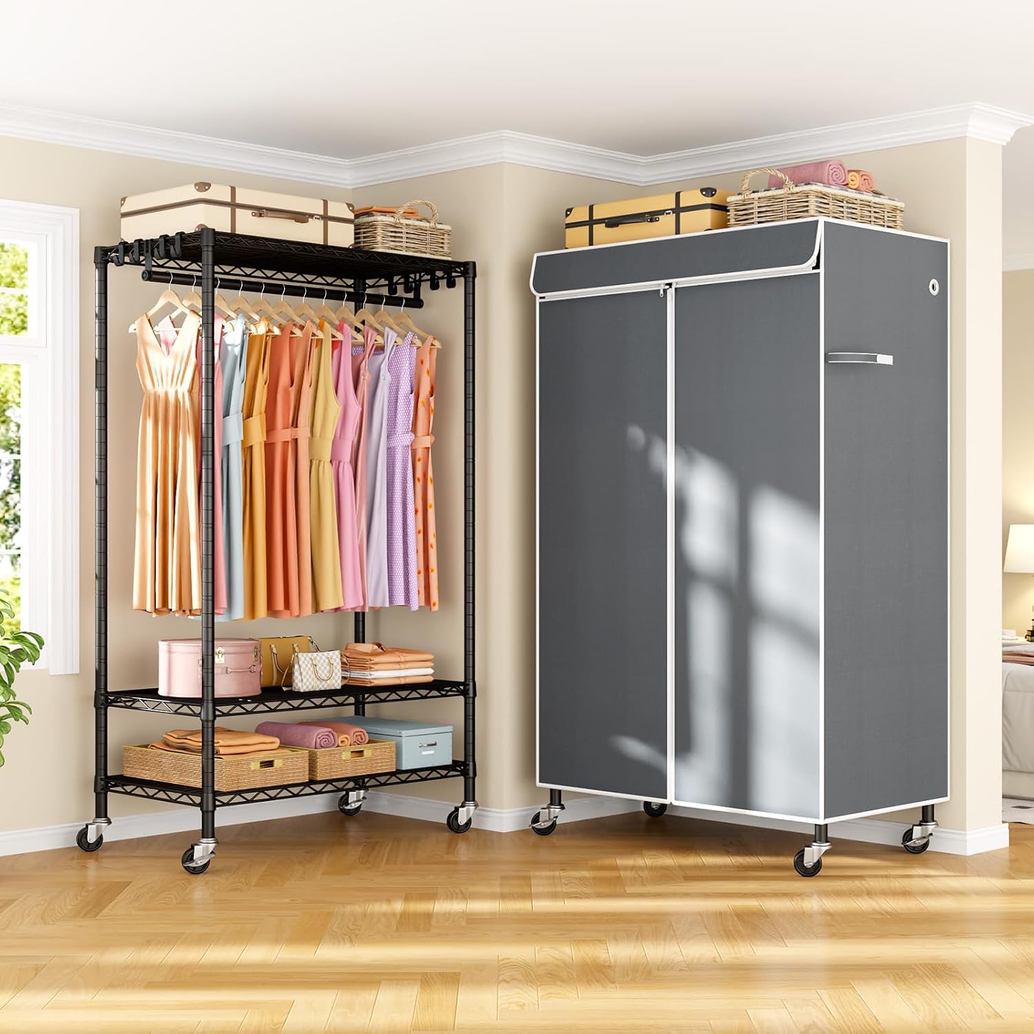 ULIFHOME P6C Rolling Clothes Rack with Cover, Covered Clothing Racks Heavy Duty, Portable Closet for Hanging Clothes, Garment Racks on Wheels, Black Closet Rack with Gray Cover, Max Load 365LBS