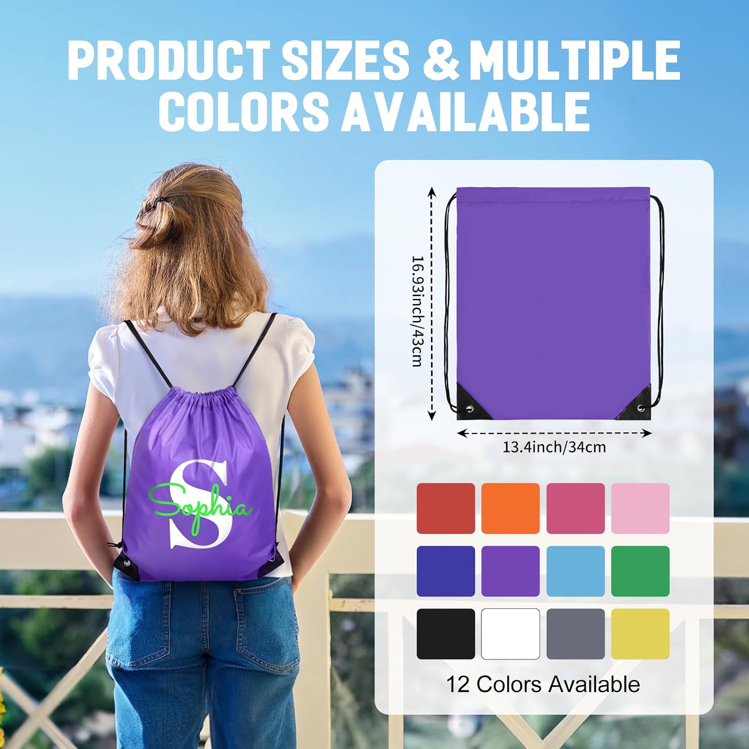 Fyore 100 Pack Custom Drawstring Backpacks, Personalized Drawstring Sports Bags with Your Logo Text for Gym Beach Climb Trips Party Events- 13.4x17Inch,12 Colors