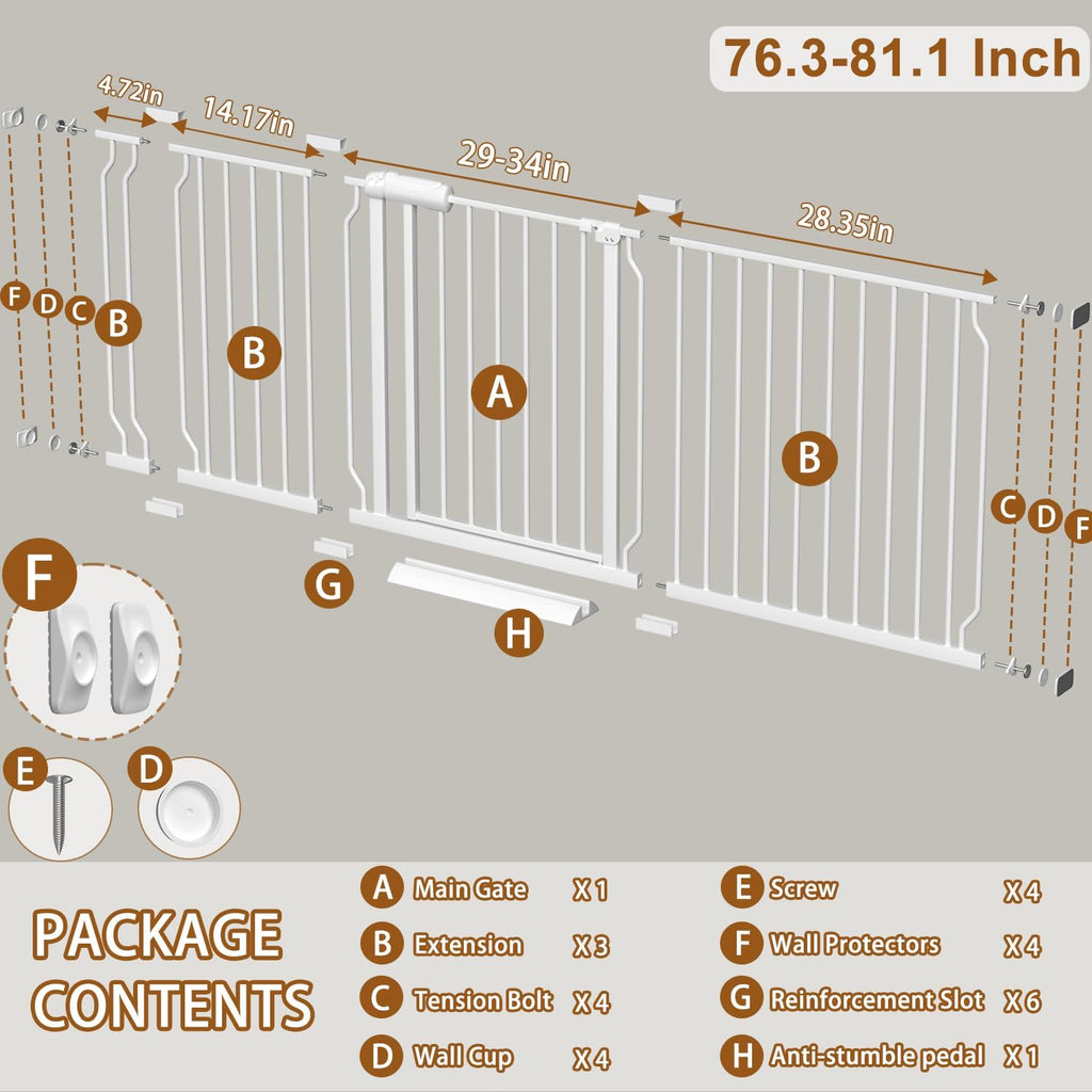 Baby Gate for Doorways Stairs Hallway 76.3-81.1 Inch Wide, Walk Through Child Gates with Pressure Mounted Extention Kit, Indoor Safety Child Gates for Kids or Pets