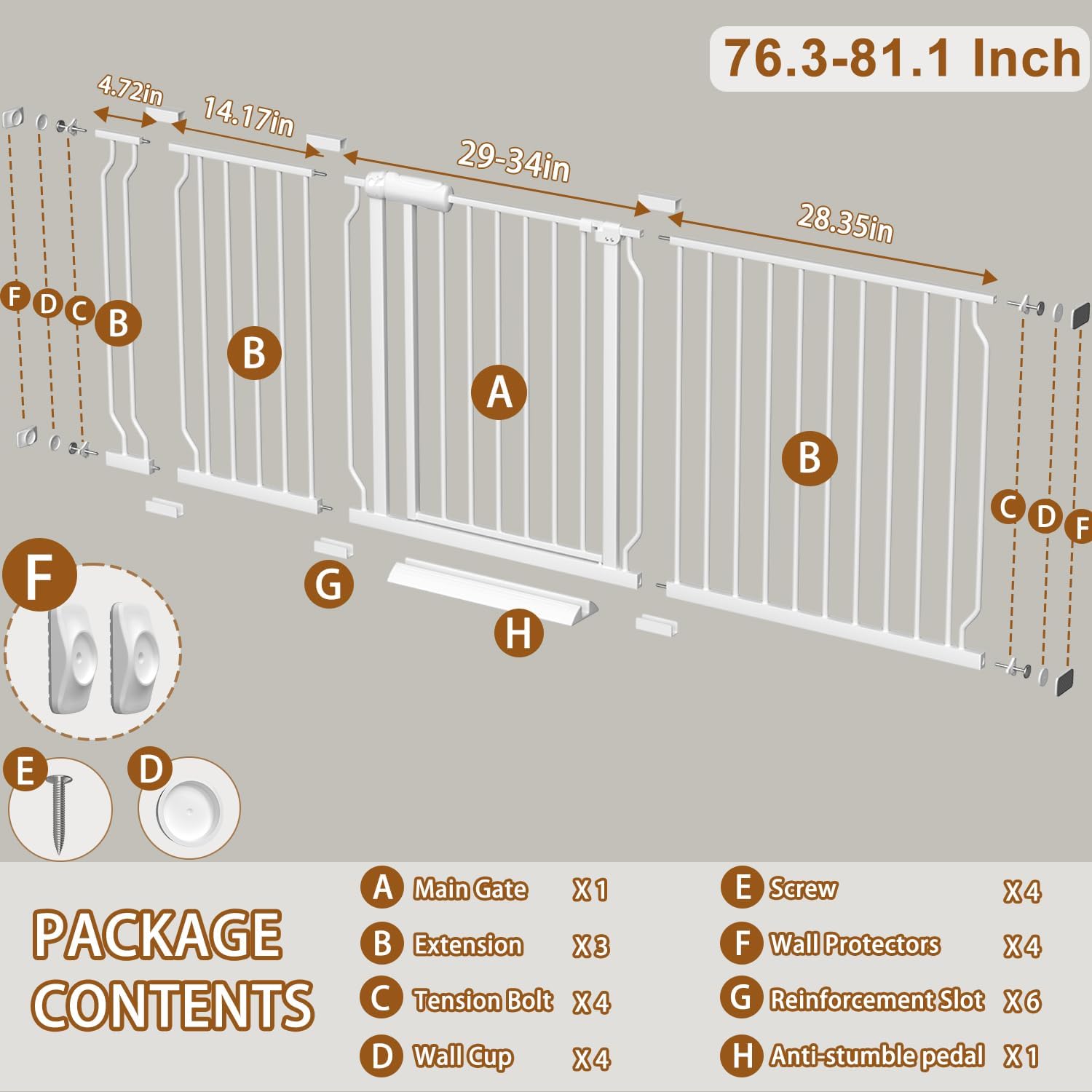 Baby Gate for Doorways Stairs Hallway 76.3-81.1 Inch Wide, Walk Through Child Gates with Pressure Mounted Extention Kit, Indoor Safety Child Gates for Kids or Pets