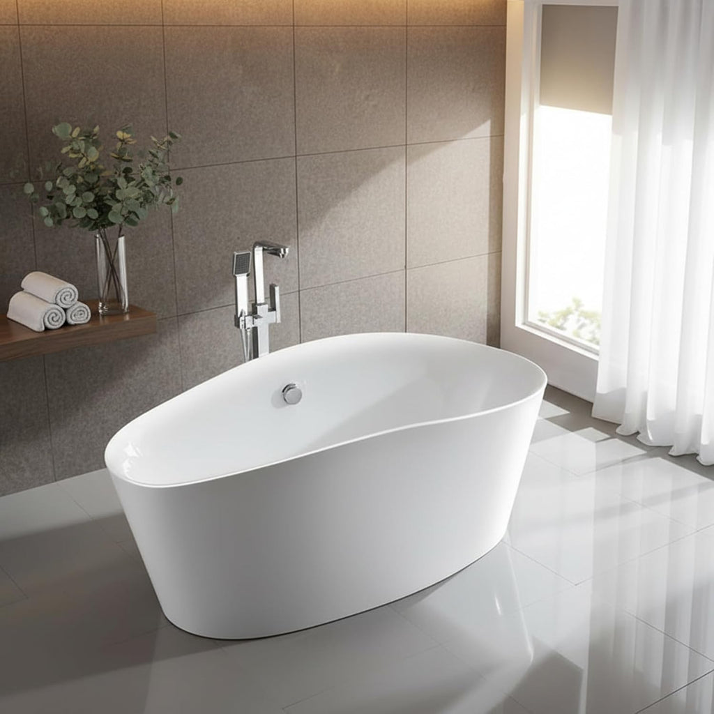 Grasse 67' Freestanding Acrylic Bathtub with Chrome Drain, Glossy White Seamless Soaking Tub, Fiberglass Reinforced with Leveling Legs, 56 Gal Capacity
