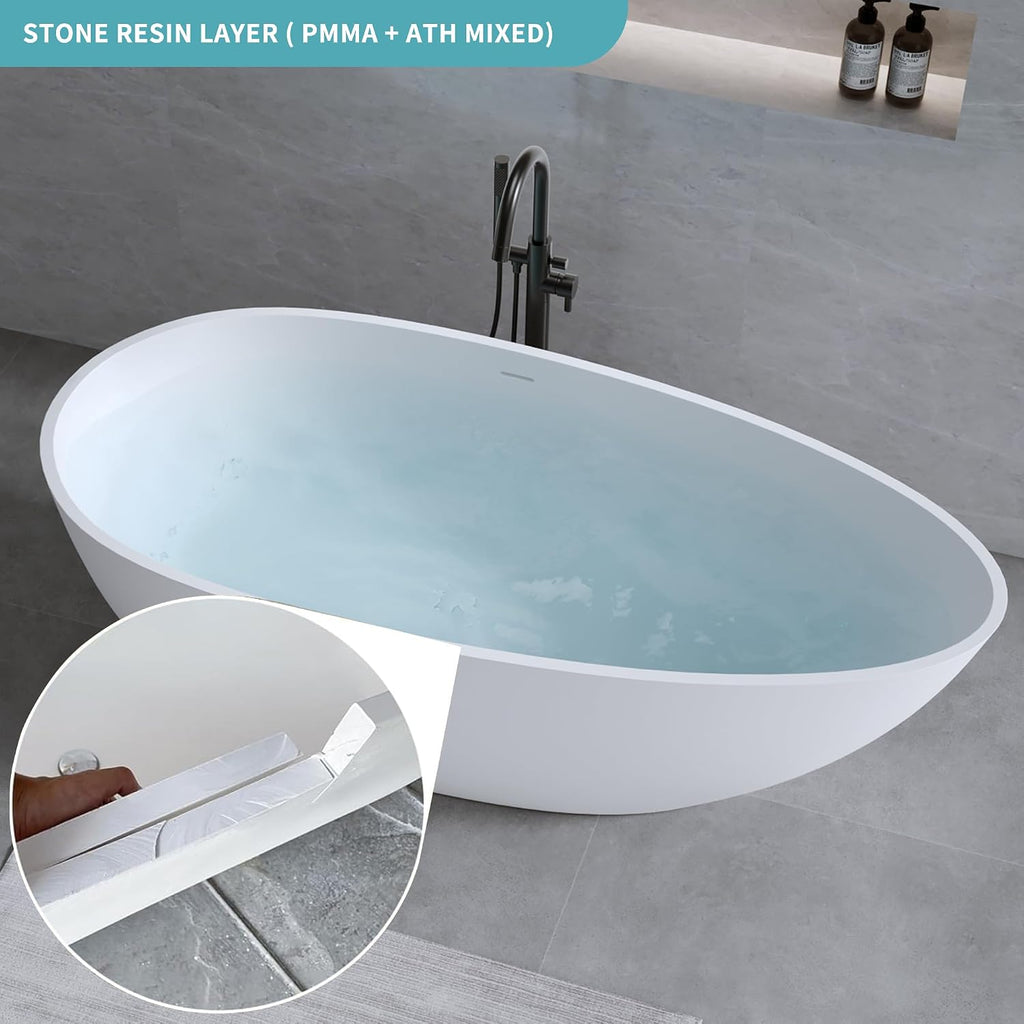 59' Freestanding Bathtub, Solid Surface Resin Stone Bathtub, Soaking Tub for Bathroom, Stand Alone Tub, Integrated Overflow and Drain, Matte White Oval