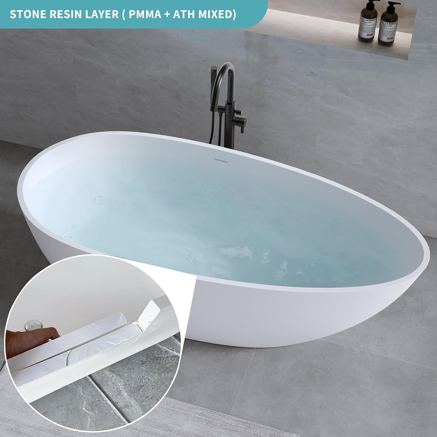59' Freestanding Bathtub, Solid Surface Resin Stone Bathtub, Soaking Tub for Bathroom, Stand Alone Tub, Integrated Overflow and Drain, Matte White Oval