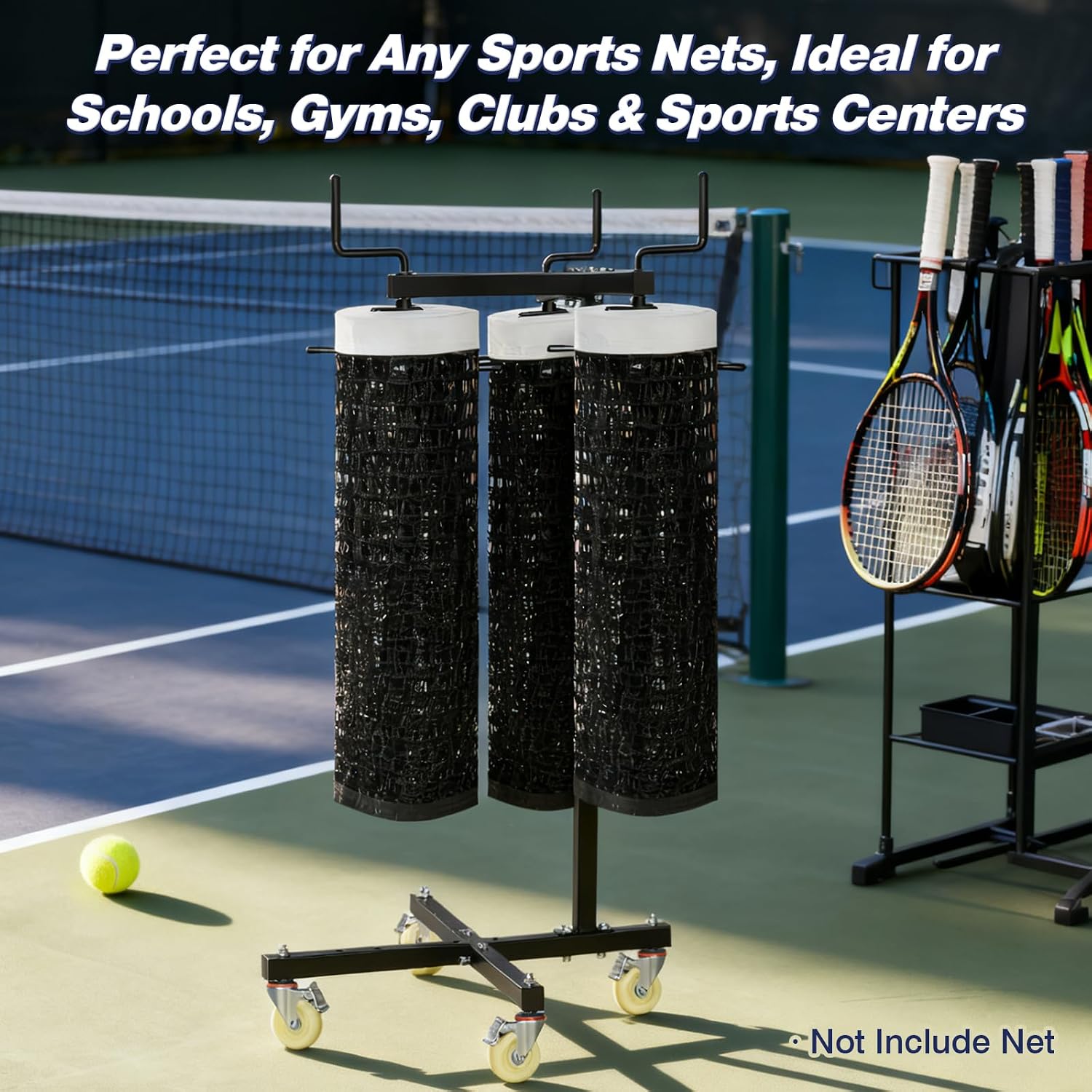 Movable Sports Net Storage Rack with Lockable Wheels, Heavy-Duty Holder for Volleyball, Tennis, Pickleball, Badminton Nets, Space-Saving Support Rack with Swivel Handle & Dust Covers