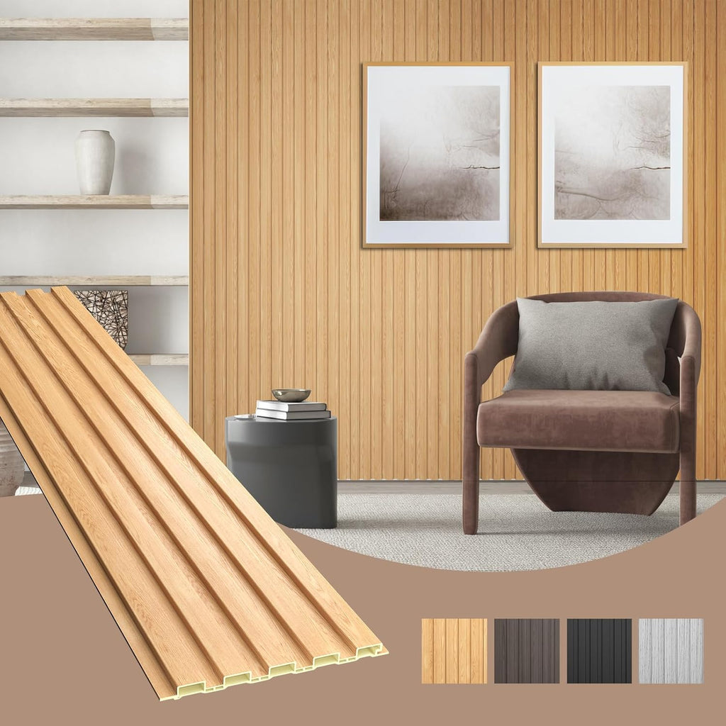 OUZUGIE WPC Acoustic Slat Wall Paneling, 8-Pack 96 x 6 Inches 3D Wall Panels for Interior Wall Decor,Living Room,TV Background,Study Room,Office Spaces,Bedroom,Low Grille (Oak)