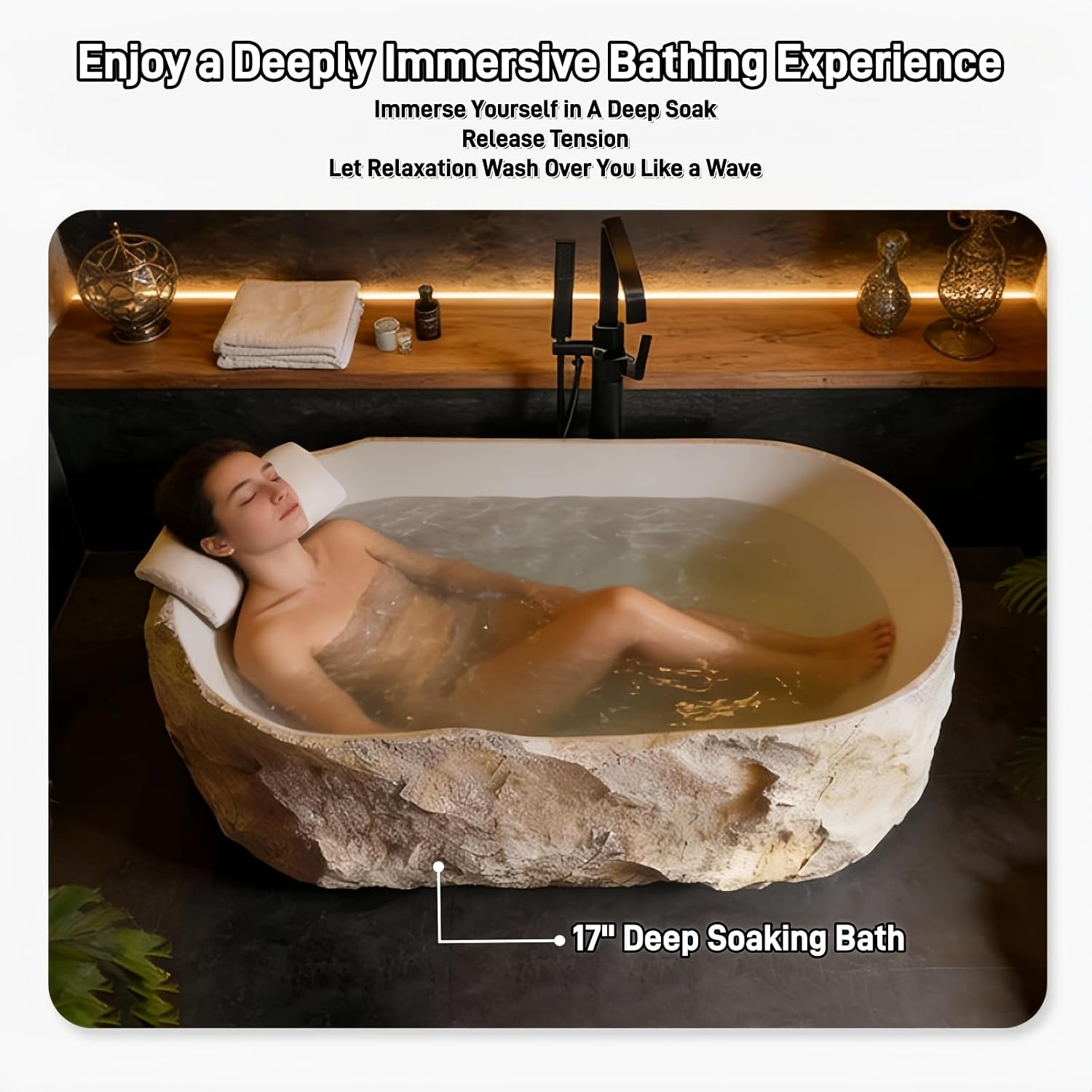 67' Edeyeu Freestanding Bathtub - Solid Surface Soaking Tub, Designer Free Standing Tub with Unique Stone Texture, Deep Soaker Bathtub for Luxury Spa & Home, Black