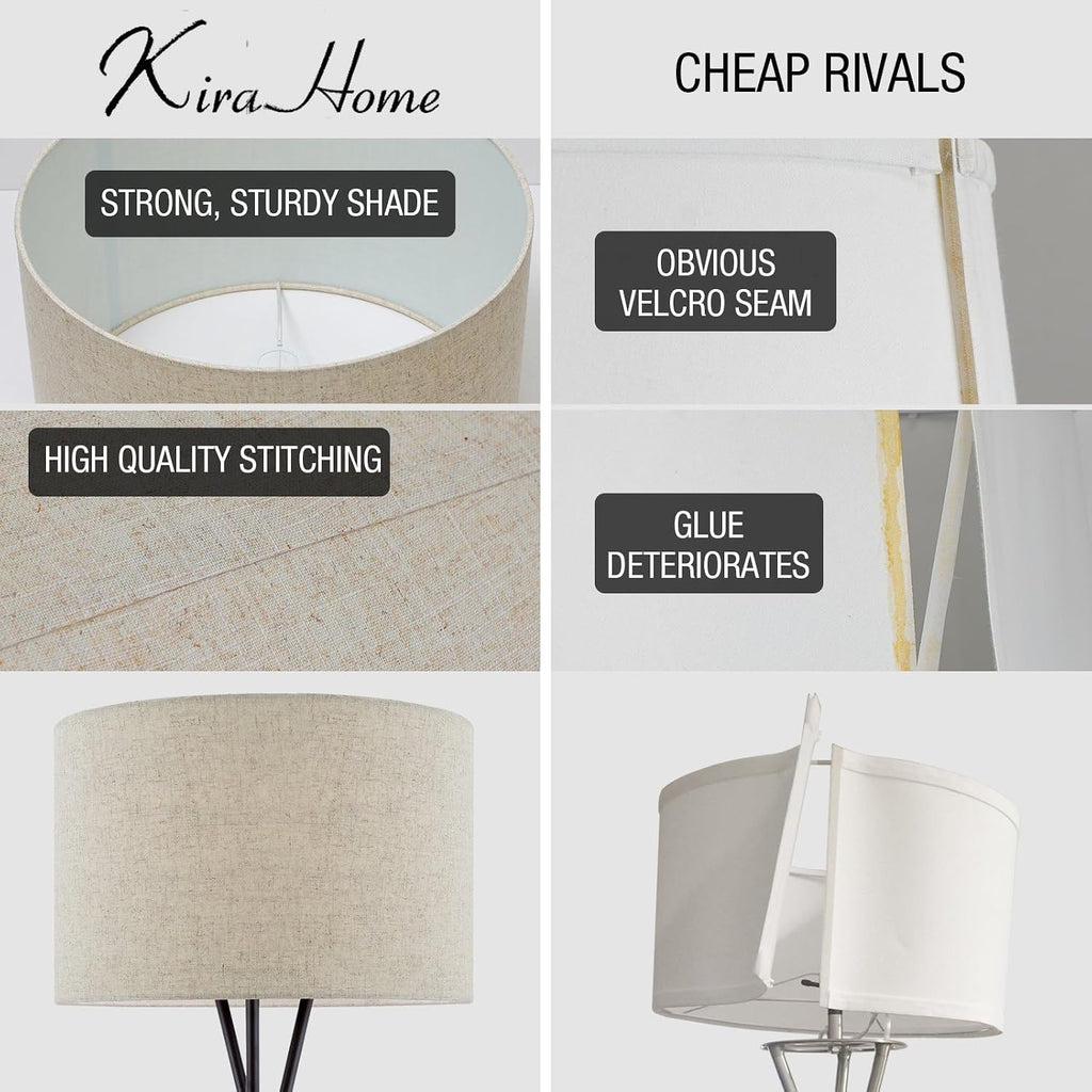 Kira Home Sadie 60' Modern Tripod Floor Lamp with Honey Beige Linen Drum Shade, Mid Century Cross-Leg Standing Light with 9W LED Bulb, Oil Rubbed Bronze Finish