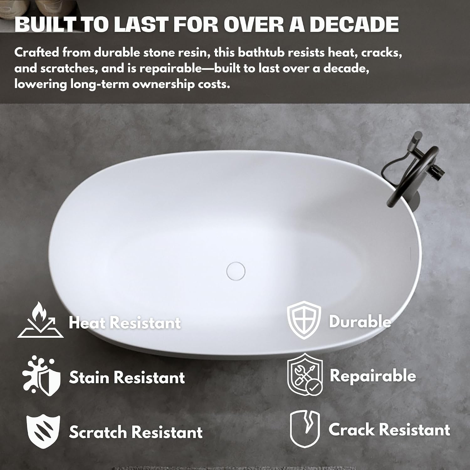 H2O Rectangular 59 in. x 30.7 in. Solid Surface Stone Resin Freestanding Bathtub, 13 in. Soaking Depth, Ergonomic Backrest, Matte White, Center Drain with Overflow, Durable, Easy to Clean