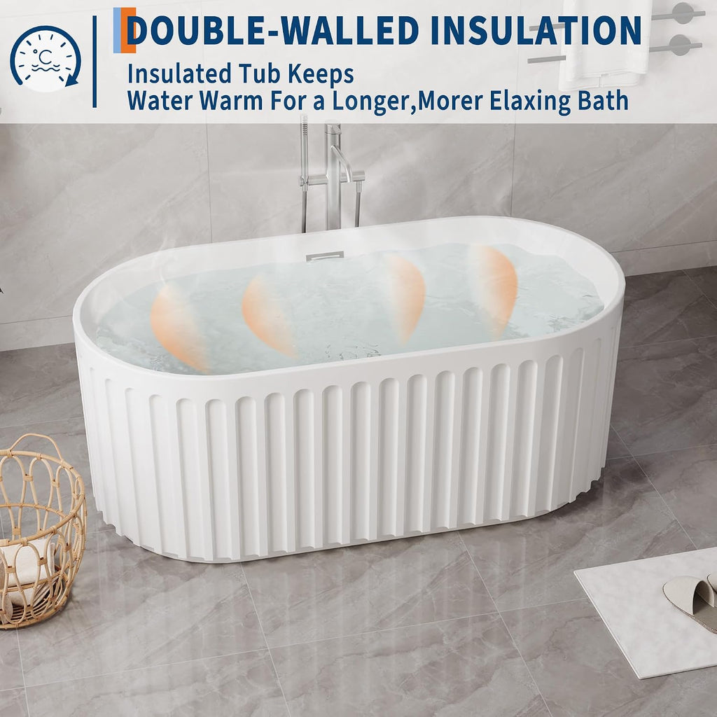 59 in Freestanding Soaking Bathtub with Striped Design, Acrylic Bathroom Tub Includes Overflow Cover Pop-Up Drain Hidden Drainage System, Easy Installation, CUPC Certified, Glossy White Finish