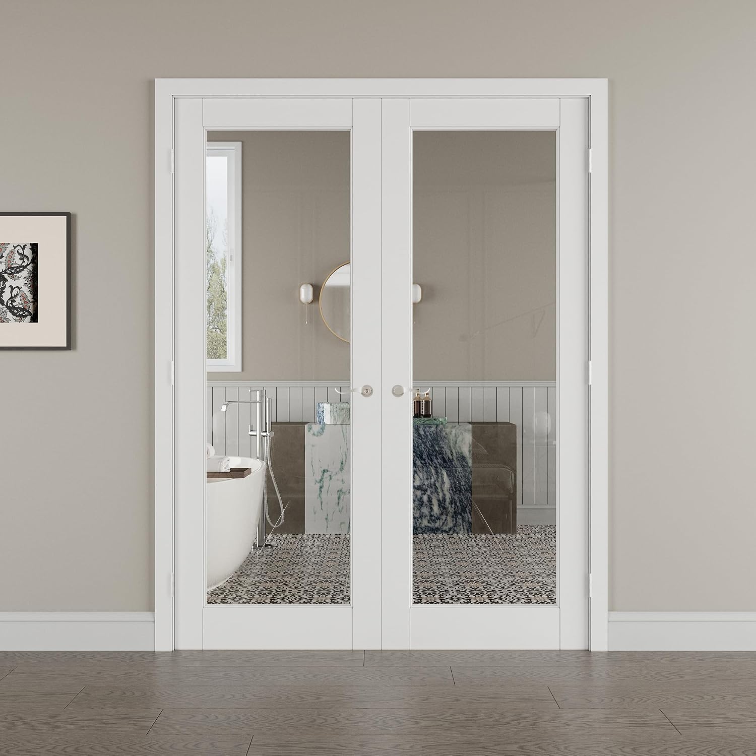 72' x 80' French Doors Interior (Double 36' x 80' Clear Glass Door with Silver Hinge Prehung Jamb Kit), Pre-Finished & Paintable, Prebuilt Home Door Panels & Assembly Required Jamb