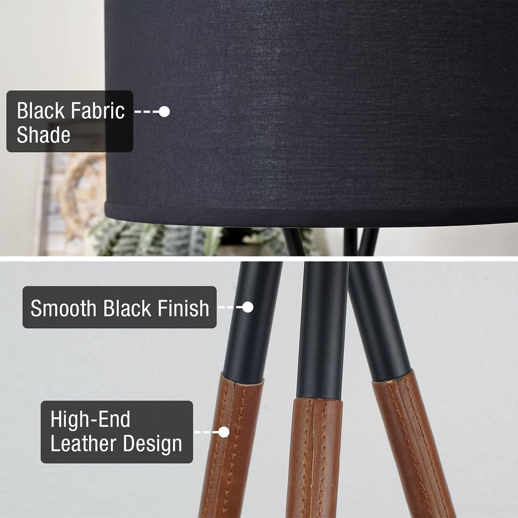 Kira Home Sadie 61' Modern Tripod Floor Lamp with Black Linen Drum Shade, Cross-Leg Standing Light with 9W LED Bulb and Leather Accent, Black Finish