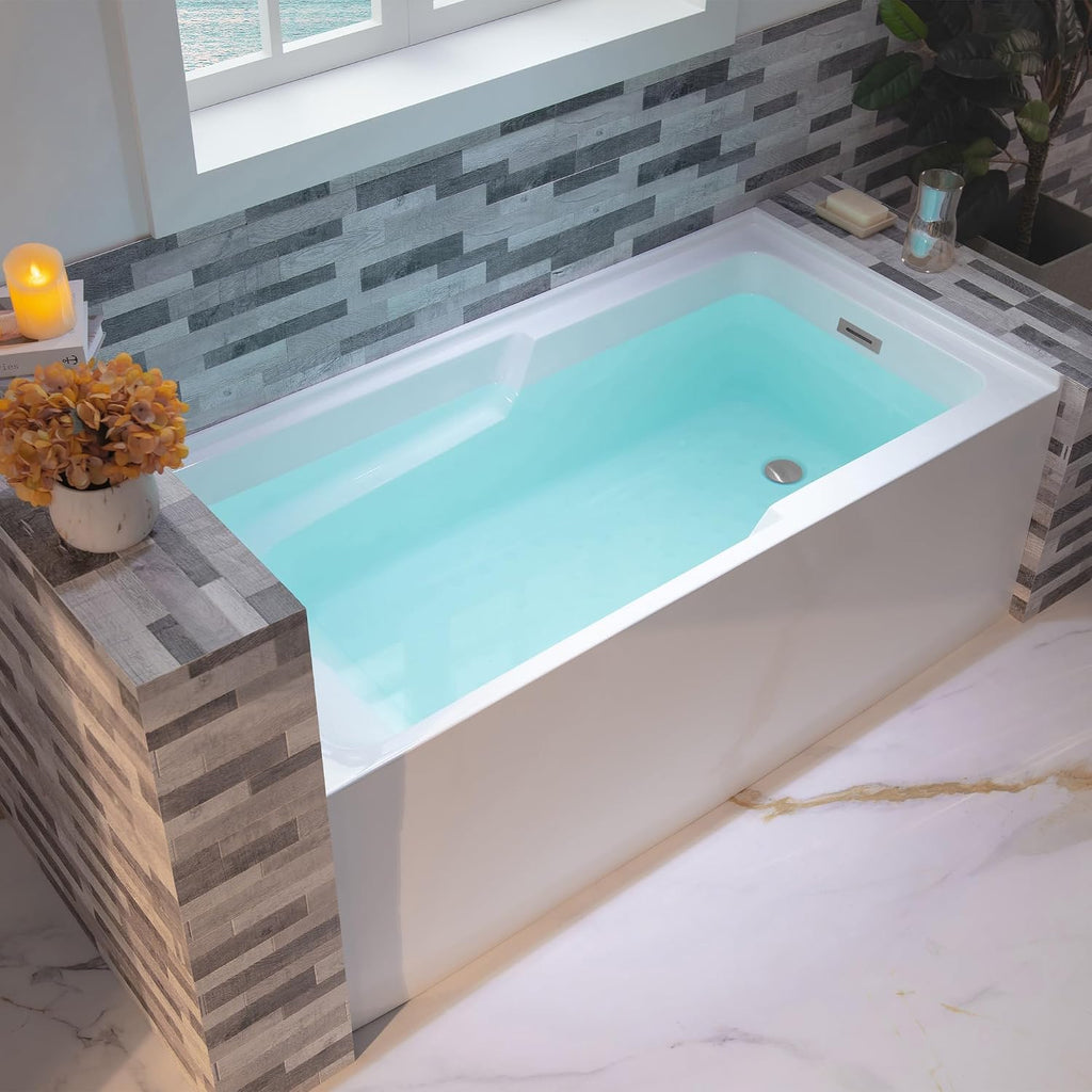WOODBRIDGE 54' Acrylic Rectangular Alcove Soaking Bathtub in White with Right Drain, Chrome Pop-Up Drain Included BA5430R