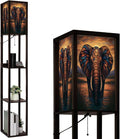 Floor Lamp with Shelves Colored Glass Elephant Sunset Standing Tall Lamp USB Ports & Power Outlet Modern Corner Lamp Nightstand Light for Living Room Bedroom