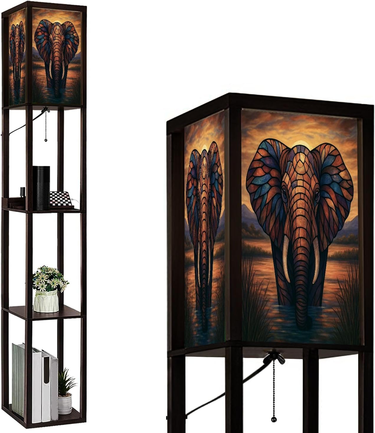 Floor Lamp with Shelves Colored Glass Elephant Sunset Standing Tall Lamp USB Ports & Power Outlet Modern Corner Lamp Nightstand Light for Living Room Bedroom