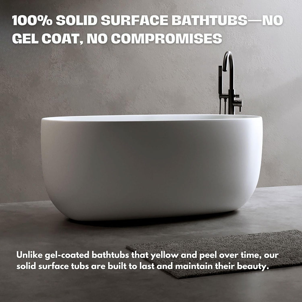 H2O Rectangular 59 in. x 30.7 in. Solid Surface Stone Resin Freestanding Bathtub, 13 in. Soaking Depth, Ergonomic Backrest, Matte White, Center Drain with Overflow, Durable, Easy to Clean