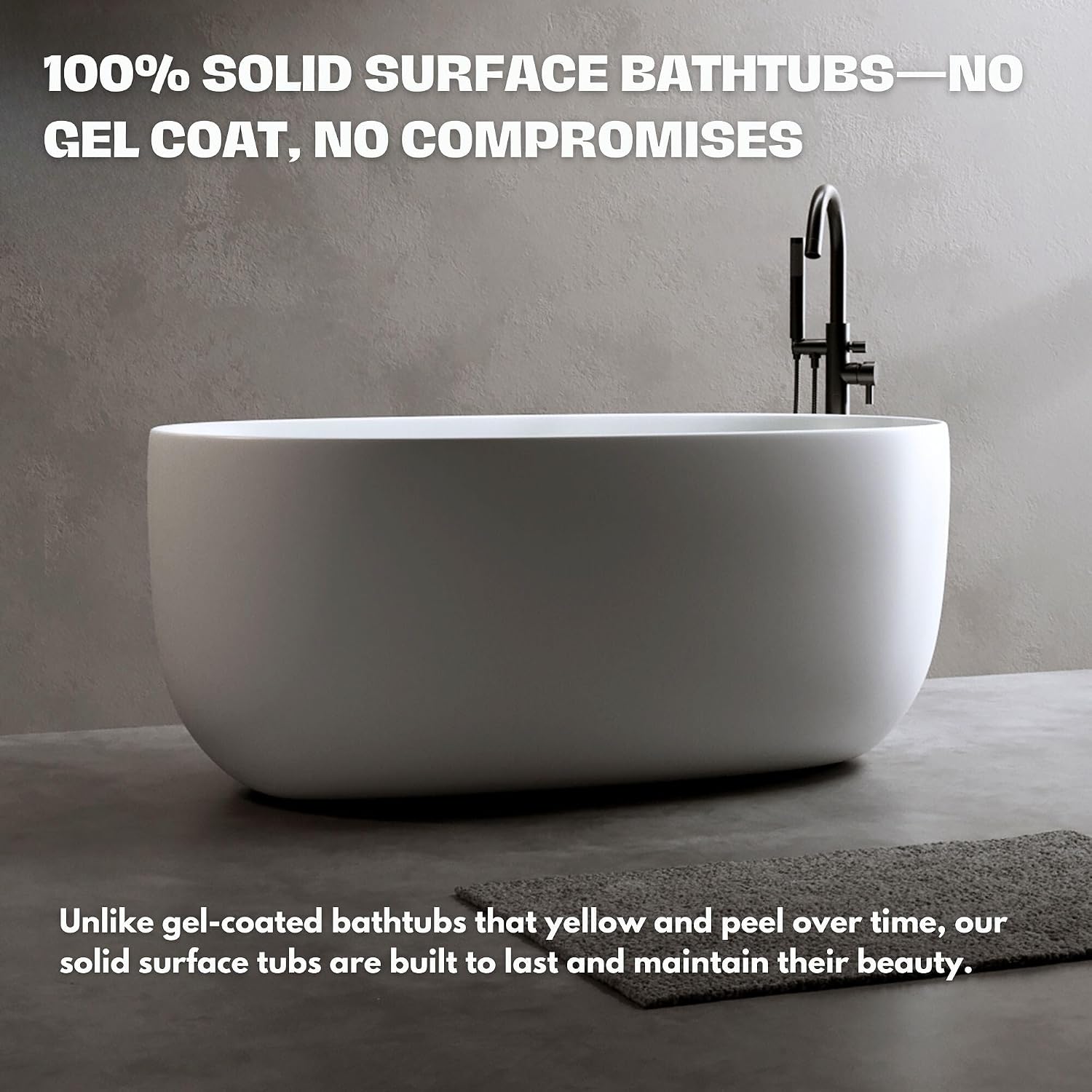 H2O Rectangular 59 in. x 30.7 in. Solid Surface Stone Resin Freestanding Bathtub, 13 in. Soaking Depth, Ergonomic Backrest, Matte White, Center Drain with Overflow, Durable, Easy to Clean