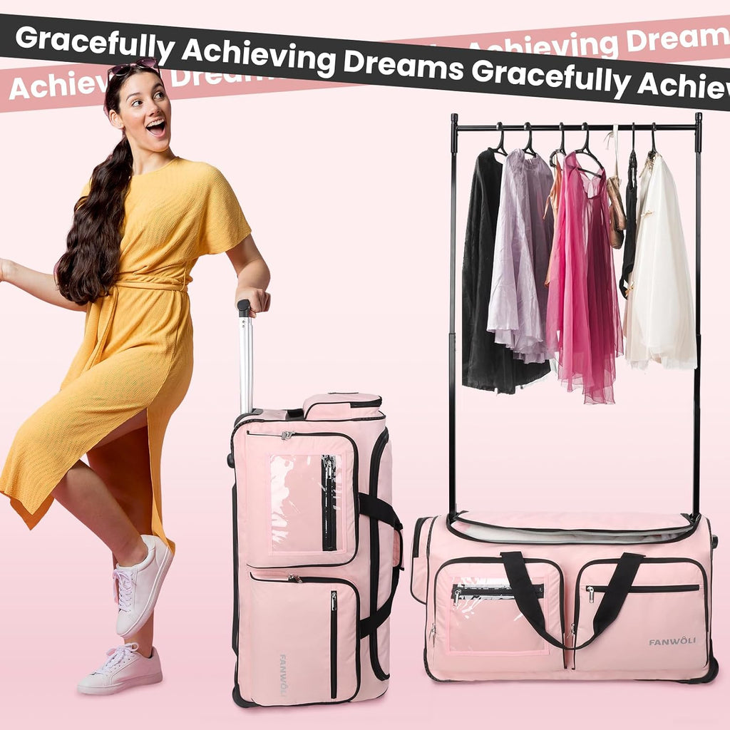 Fanwoli 23' Dance Bag with Garment Rack | Upgraded Stable System & Fabric | More Lightweight & Wear-Resistant | Ideal Competition Rolling Duffle Bag