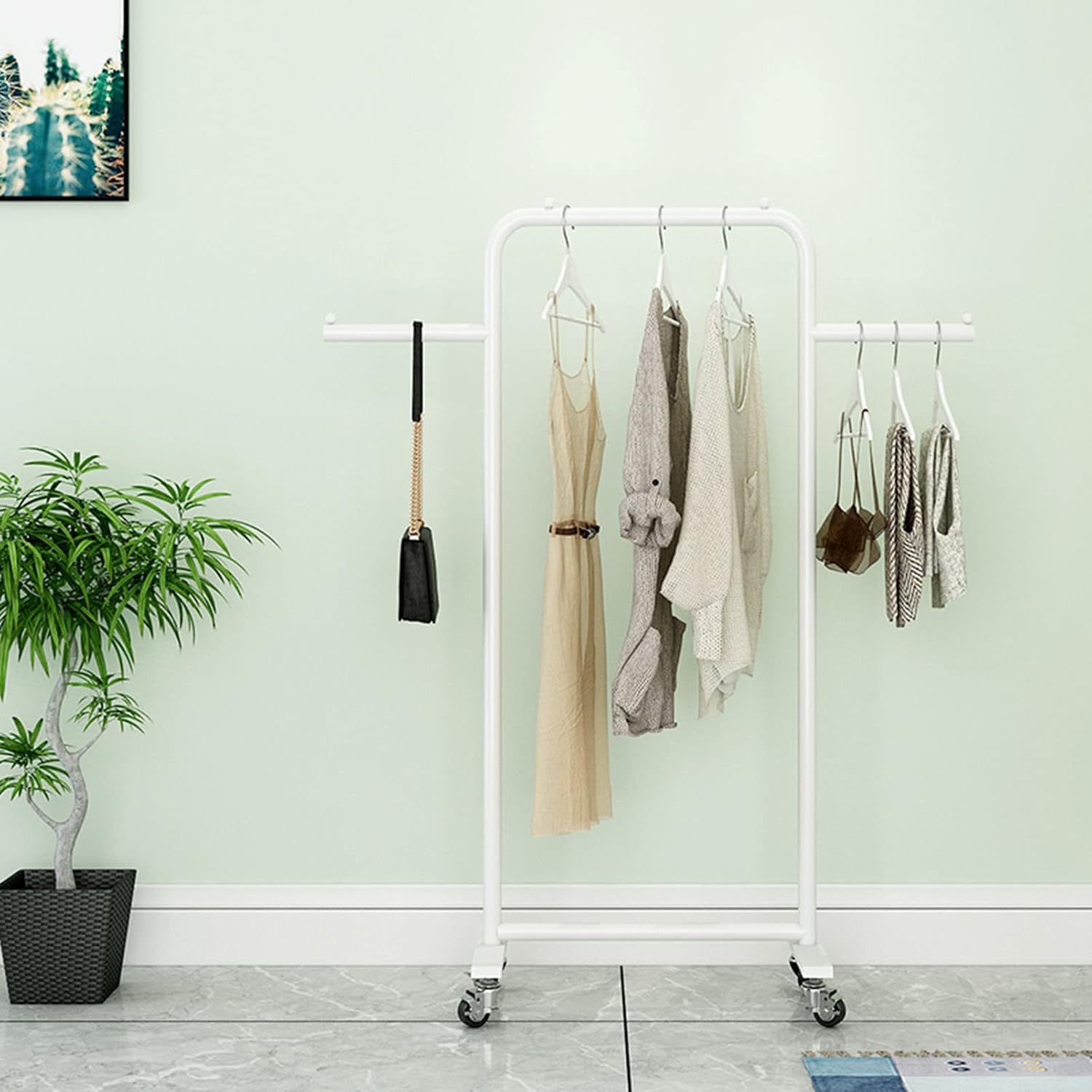 Modern Garment Rack Stand Iron with Universal Wheel and Side Hooks,Heavy Duty Commercial Grade Clothing Racks Floor Hanger Storage Rack,Space Saving,Suitable for Clothes (B-140 * 150cm