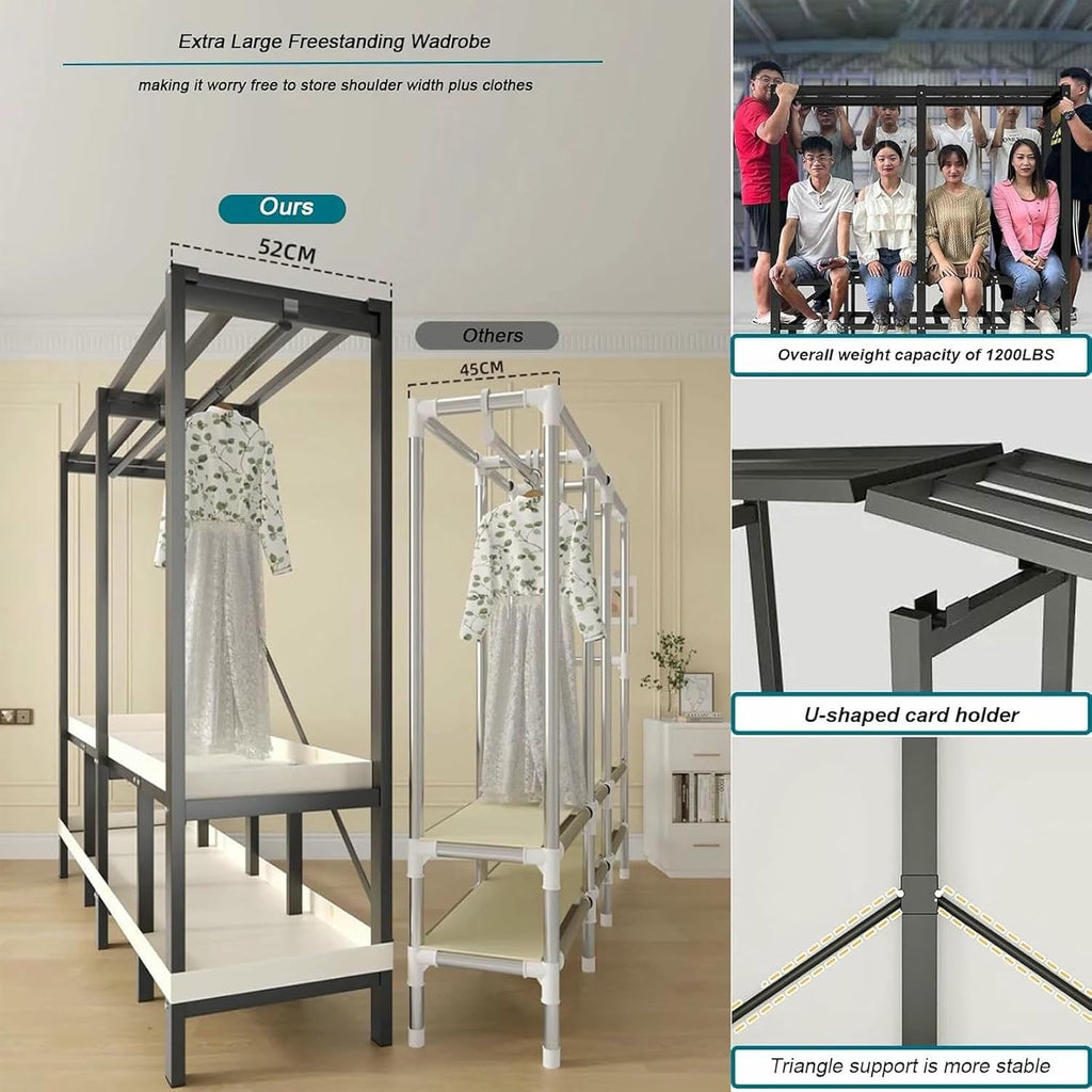 Heavy Duty Metal Clothing Rack with Cover Foldable Covered Clothes Rack with 2 Hanging Rods Garment Rack Wardrobe Clothes Organizer