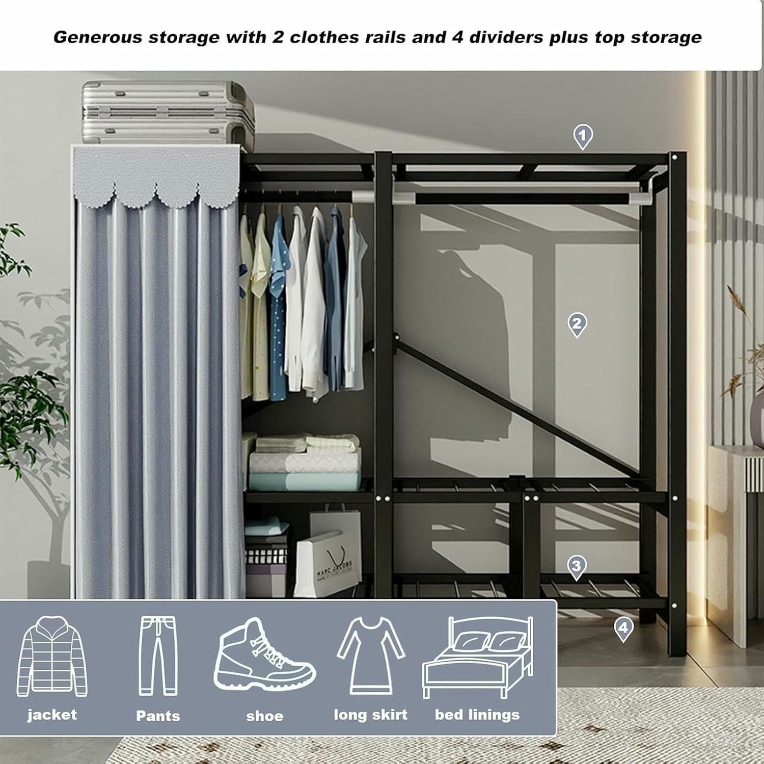 Foldable Portable Wardrobe Closet Larg Covered Rack with Cover 1200lbs Clothing Racks for Hanging Clothes Coat Storage Garment Racks for Bedroom