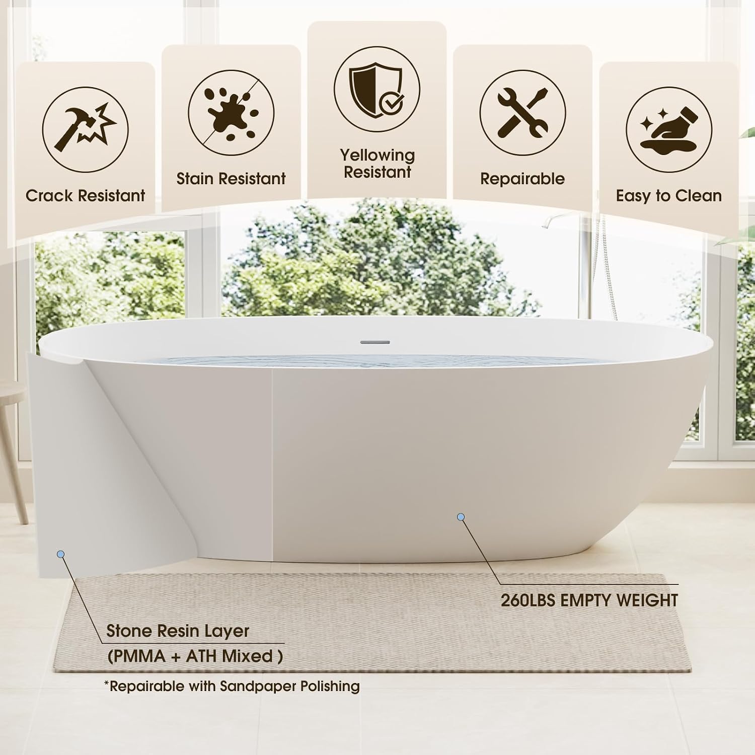 71' Stone Resin Freestanding Soaking Tub, Modern Oval Solid Surface Bathtub with with Overflow & Pop-up Drain, 14.4 Inch Soaking Depth Luxury Soaking Tub, Matte White,71'L x 31.5'W x 22'H