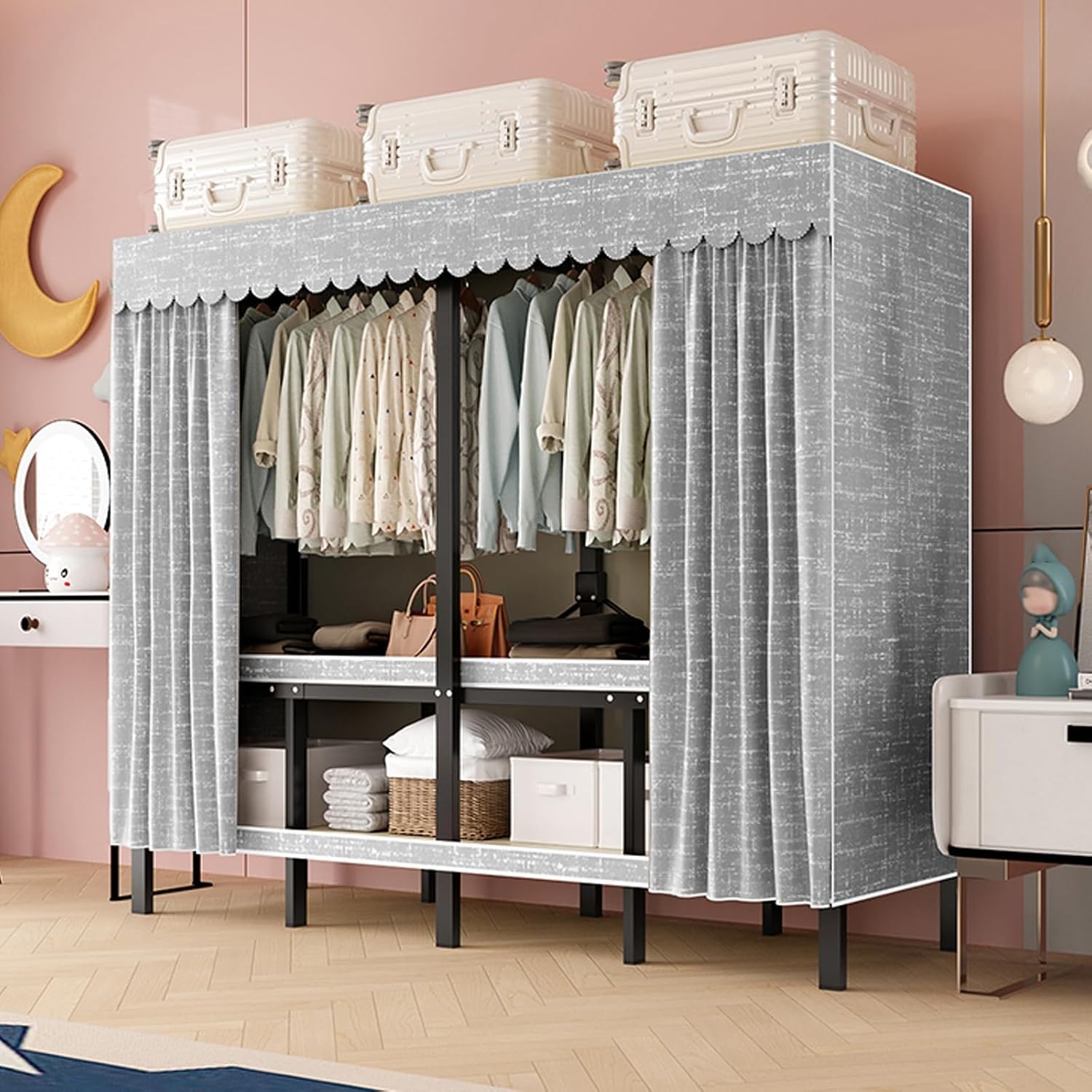 Heavy Duty Portable Wardrobe Closet Rack - Foldable Metal Clothe Rack With Cover, 2000lbs Large Capacity Fabric Wardrobe, Space-saving Wardrobe Clothing Organizer, For Hanging Clothes(125*52*172cm)