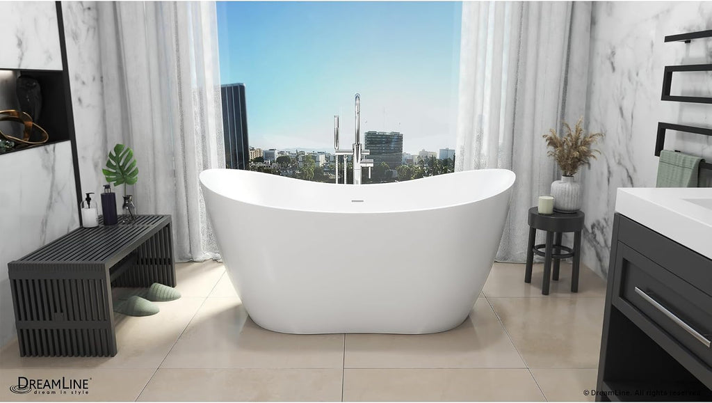 DreamLine Nile 67 inch L x 28 3/8 inch W x 28 3/8 inch H Freestanding Acrylic Bathtub with Brushed Brass Drain