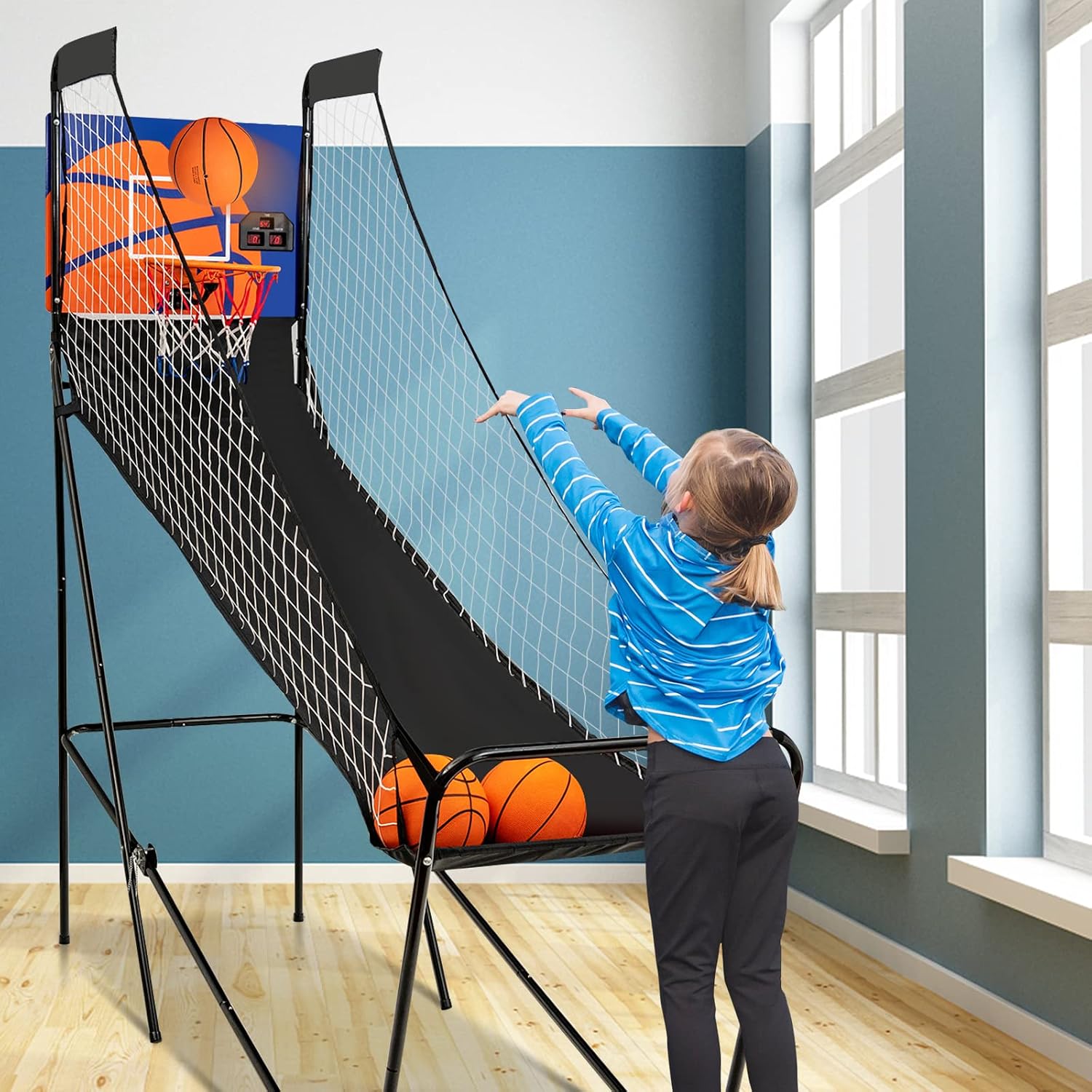 Giantex Foldable Electronic Arcade Basketball Game, with Electronic Scorer, Buzzer, 3 Basketballs, Pump, Indoor Single Shot Basketball Game for Adults, Kids