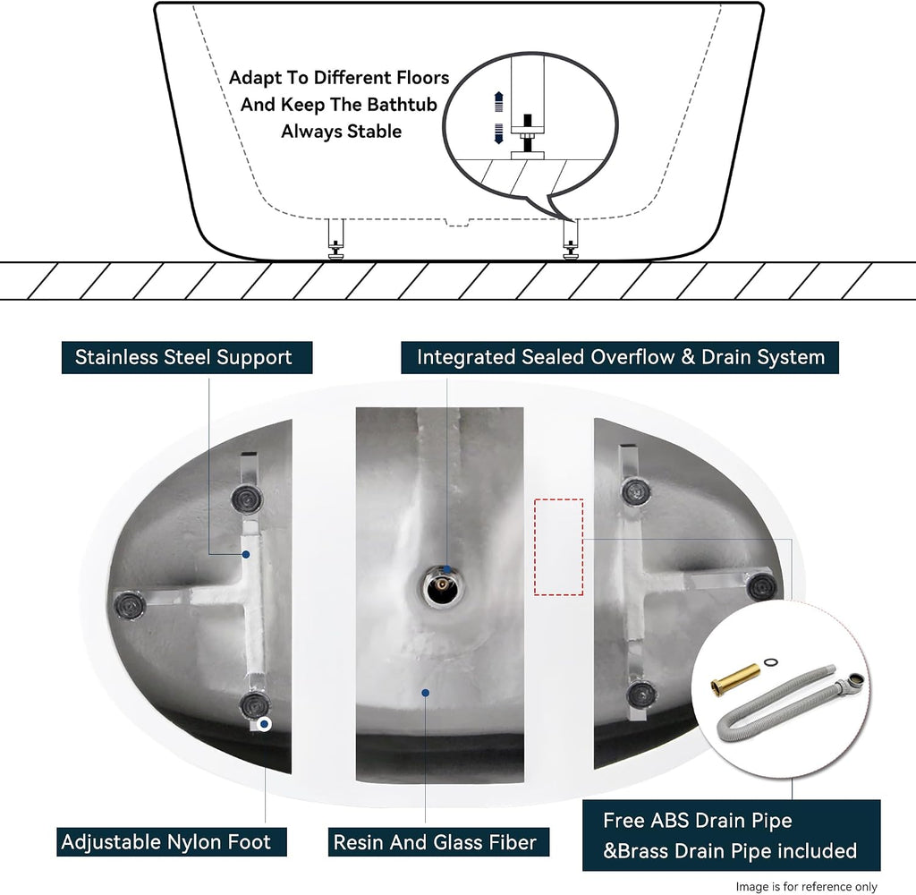 FerdY Naha 59' Acrylic Freestanding Bathtub, Curve Edge Freestanding Soaking Bathtub, Glossy White, cUPC Certified, Brushed Nickel Drain& Bath Pillow for Bathtub,Thick Tub Pillows, Ergonomic Support