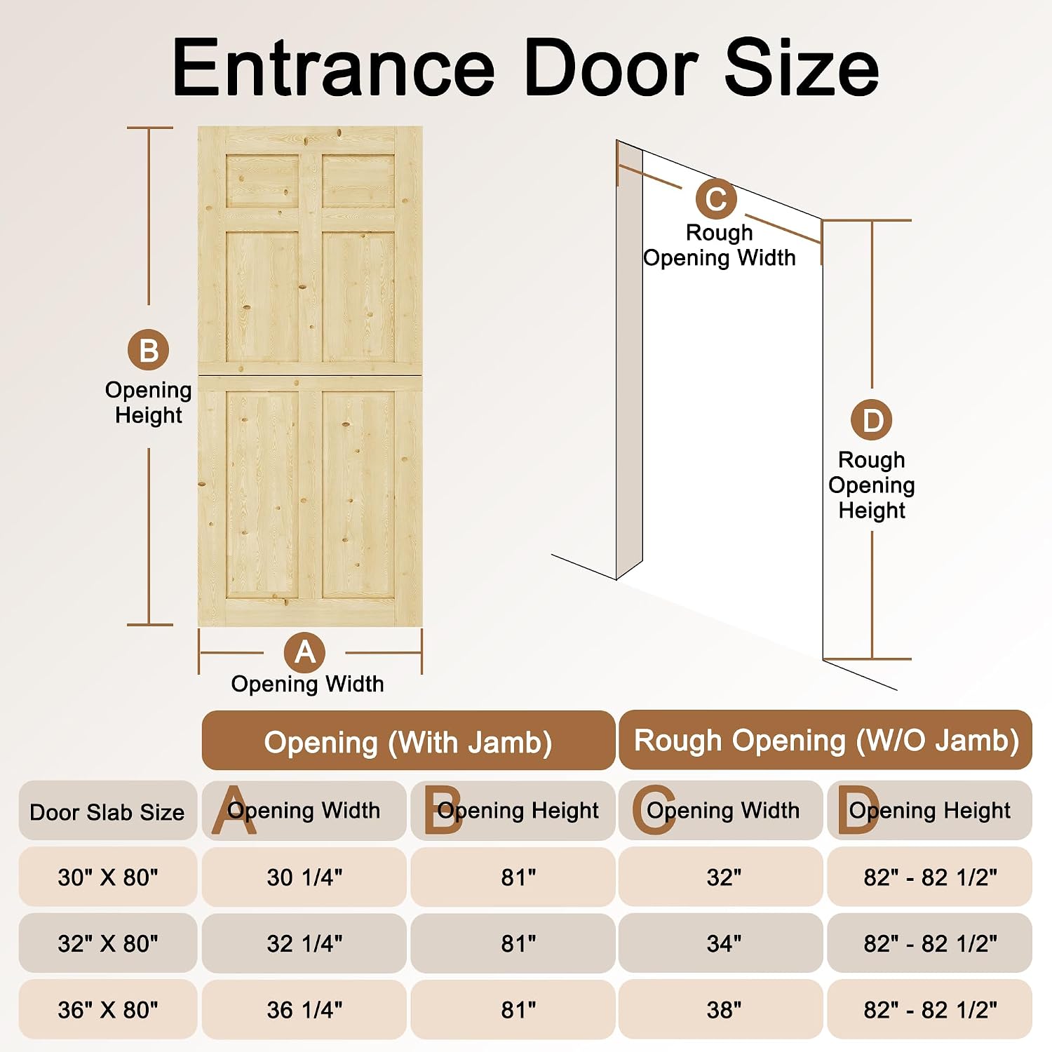 Exterior Dutch Door Slab, 32' x 80', Universal 6 Lite Panel Split Single Doors, Solid Core Home Door, Natural Pine Wood - with 4 Black Hinges & 1 Latch, Without Jamb