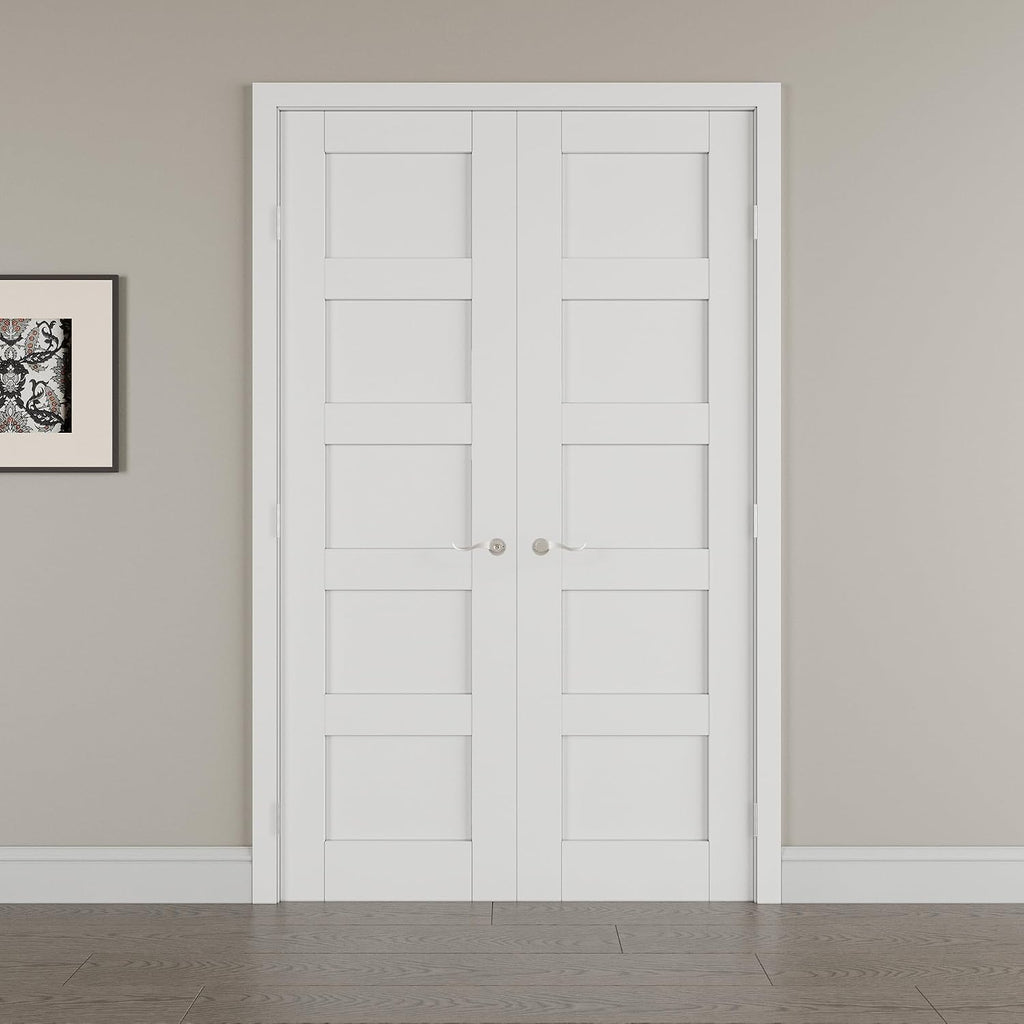 48' x 80' French Doors Interior (Double 24' x 80' 5-Lite Panel Door with Silver Hinge Prehung Jamb Kit), Pre-Finished & Paintable, Prebuilt Home Door Panels & Assembly Required Jamb